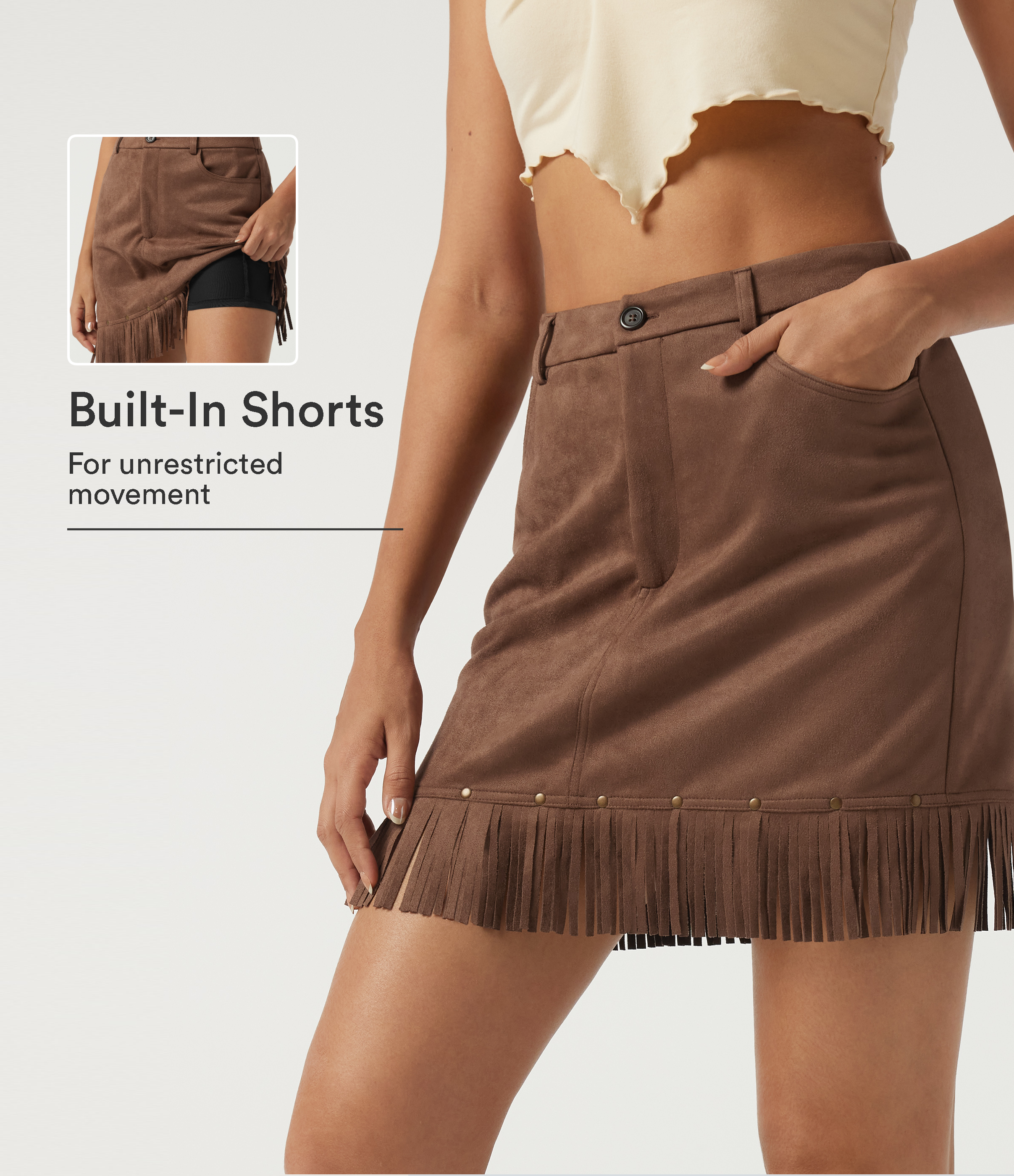 High Waisted A-Line Fringe Suede Casual Mini Skirt with Built-in Shorts and Pockets