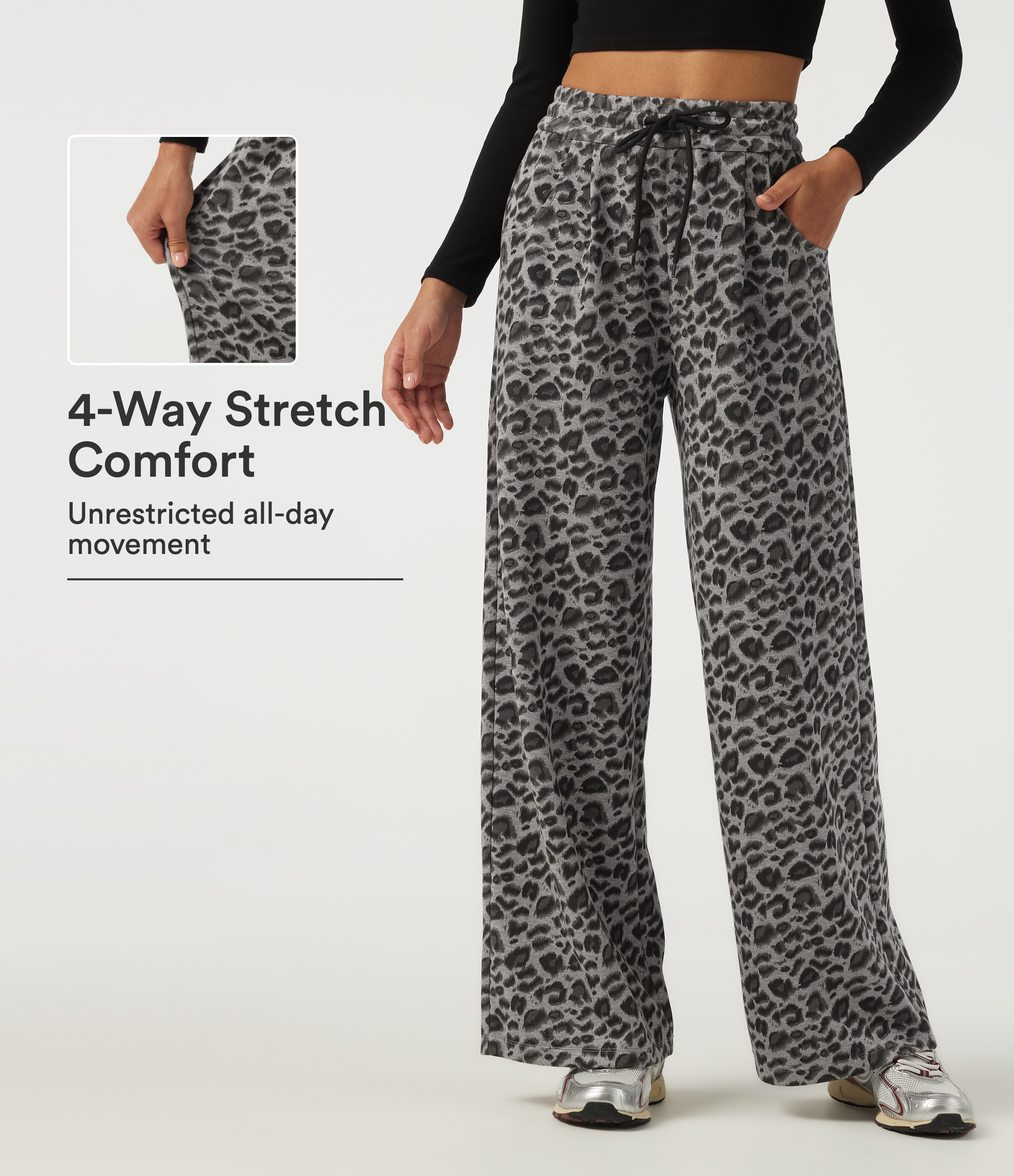 High Waisted Drawstring Wide Leg Leopard Print Casual Pants with Pockets