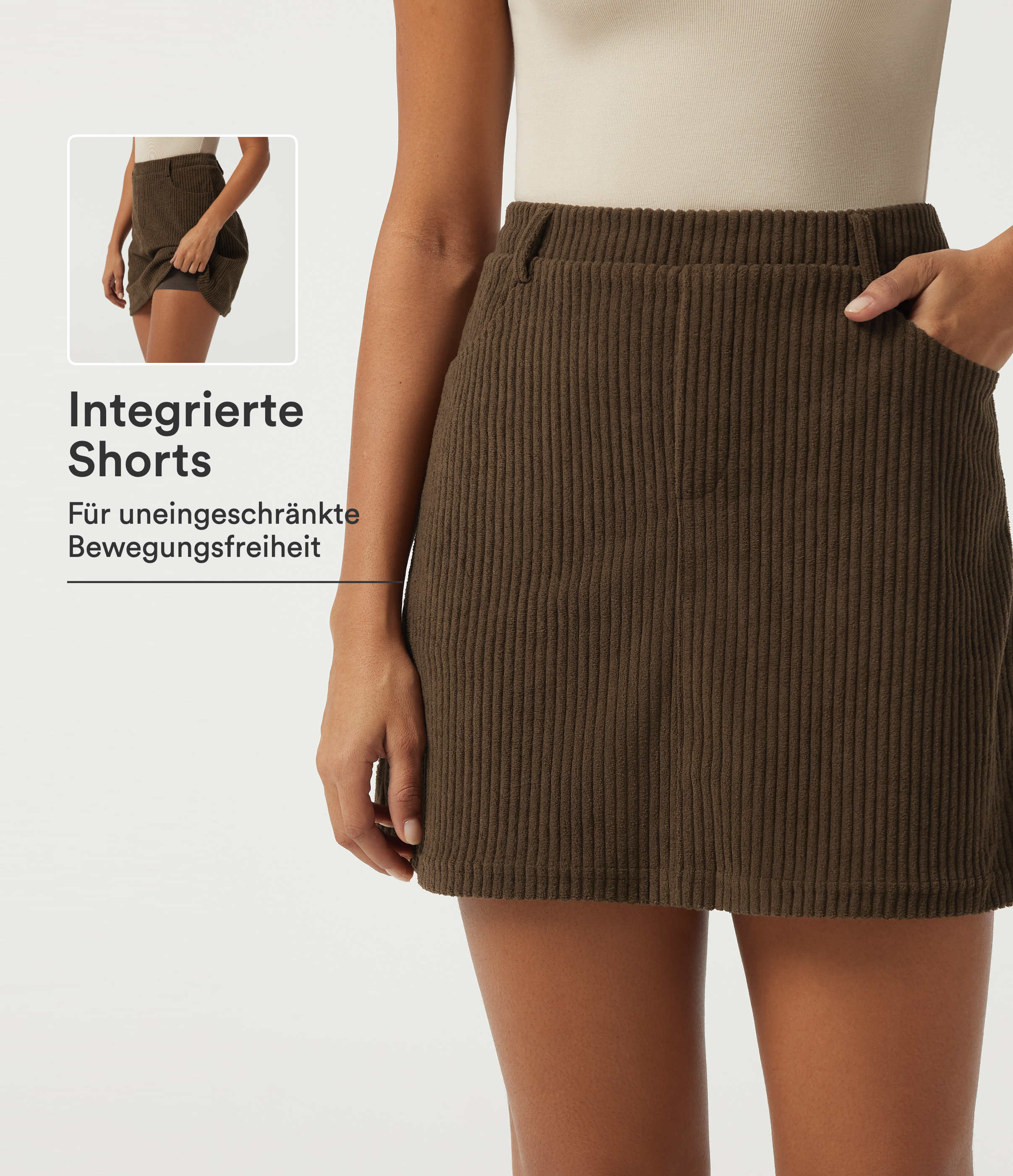 Lässiger 2-in-1 Minirock in A-Linie aus Cord mit hohem Bund und Seitentaschen