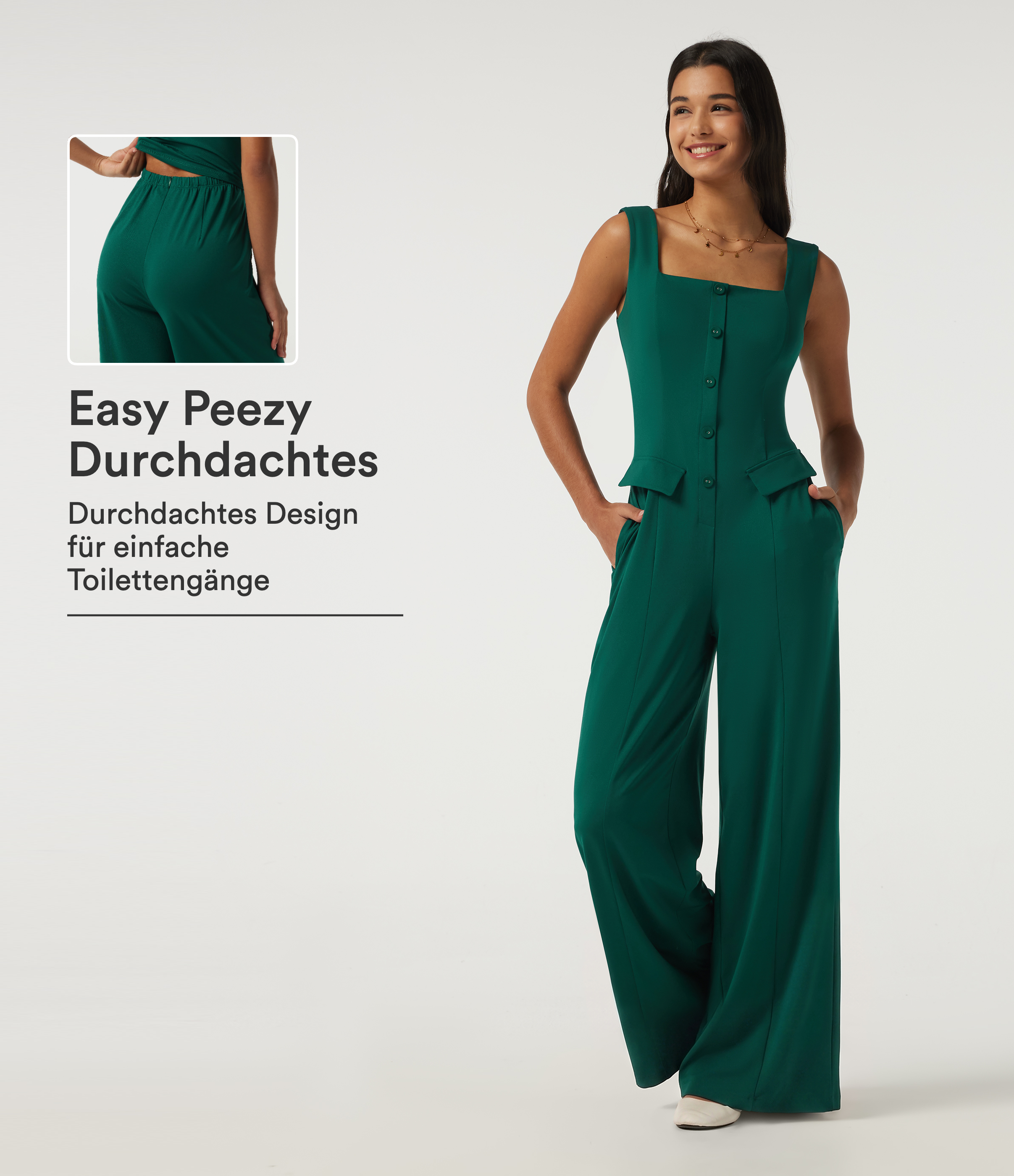 Ärmelloser Jumpsuit mit eckigem Ausschnitt, Seitentaschen und weitem Bein - Easy Peezy Edition