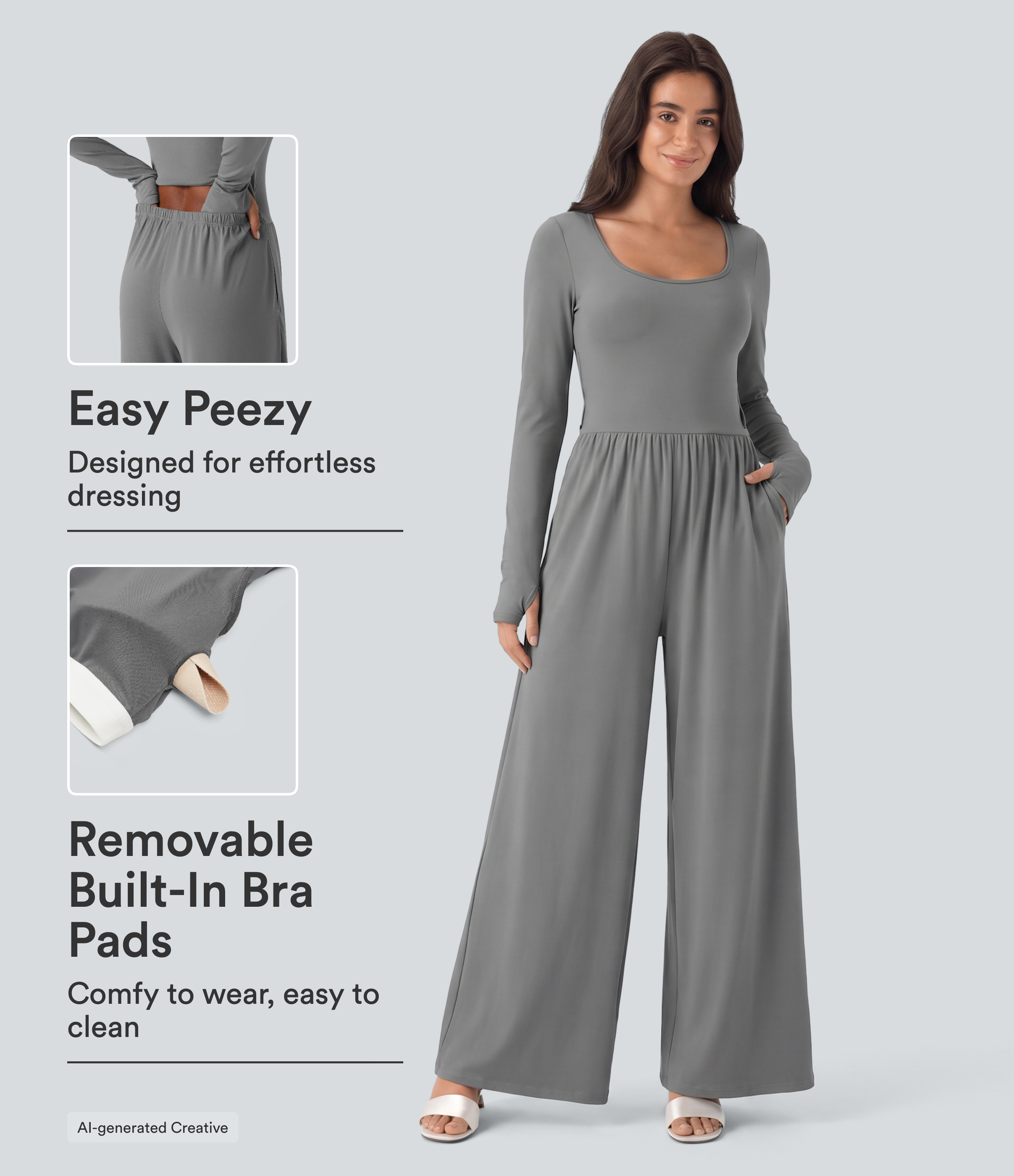 U Neck Long Sleeve Thumb Hole Wide Leg Ruched Casual Jumpsuit with Built-in Bra and Pockets -Easy Peezy Edition