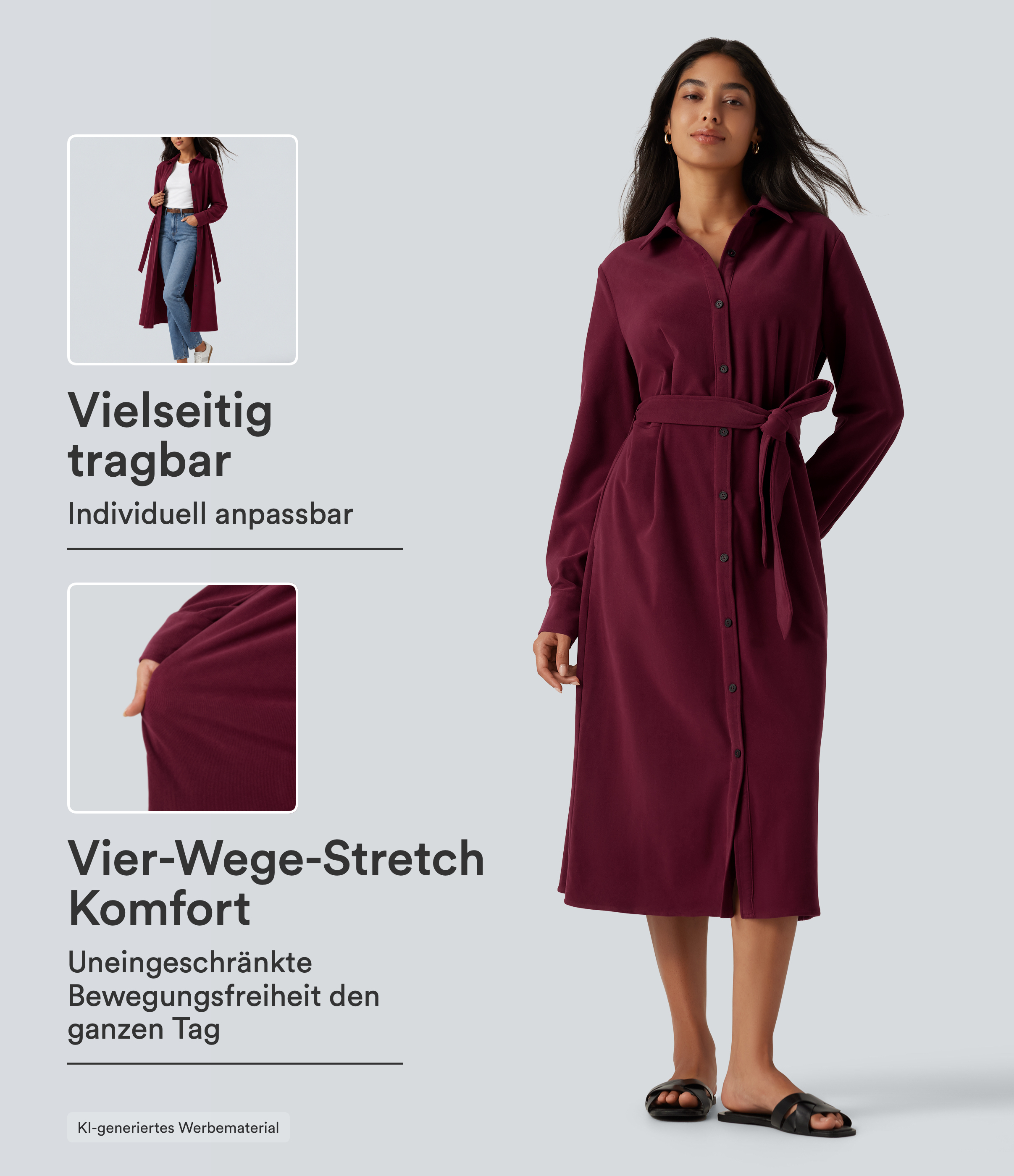 Lässiges Midikleid aus Cord mit Seitentaschen, langen Ärmeln und Gürtel