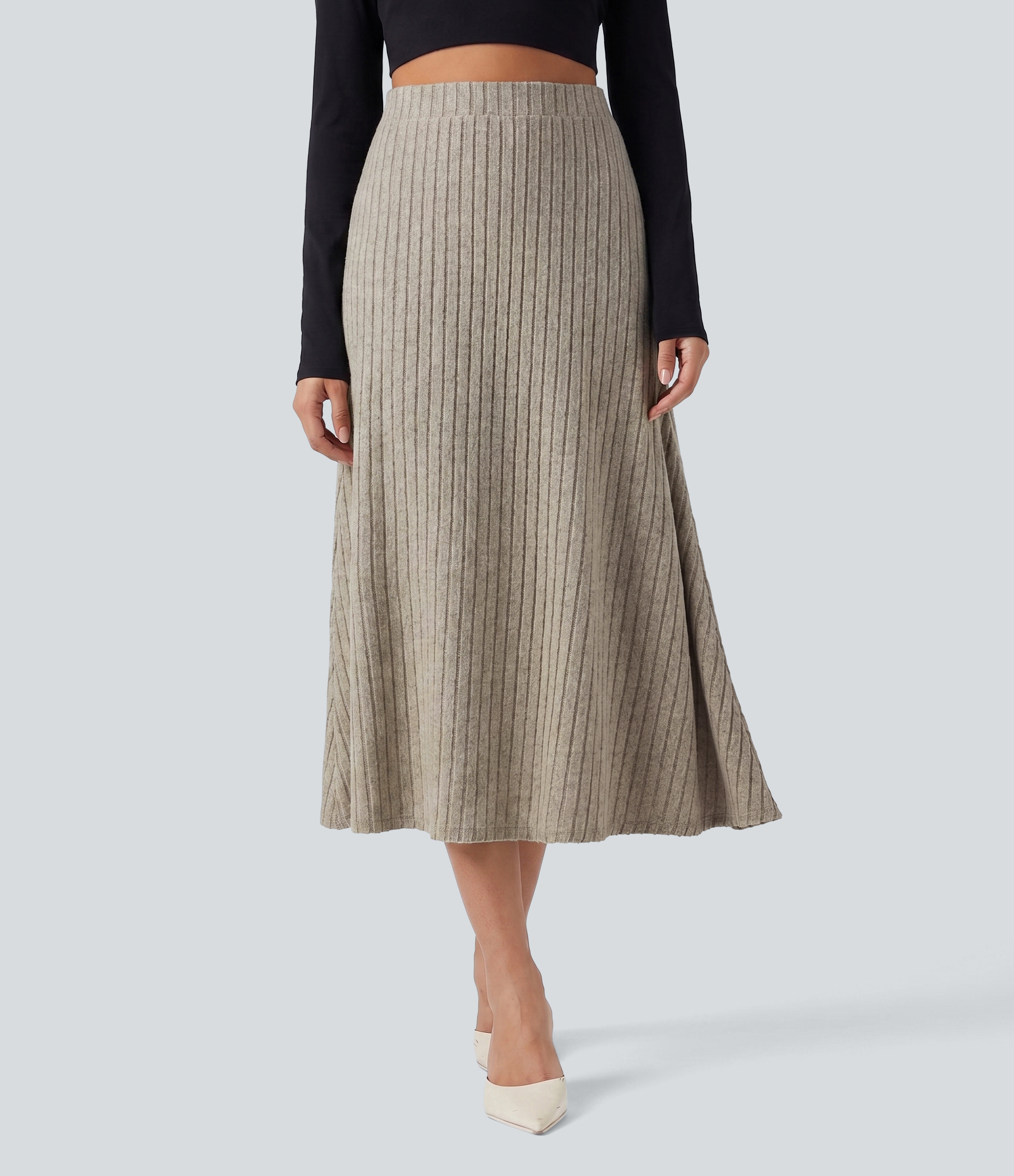 Ribbed Knit High Waisted A-Line Midi Party Skirt