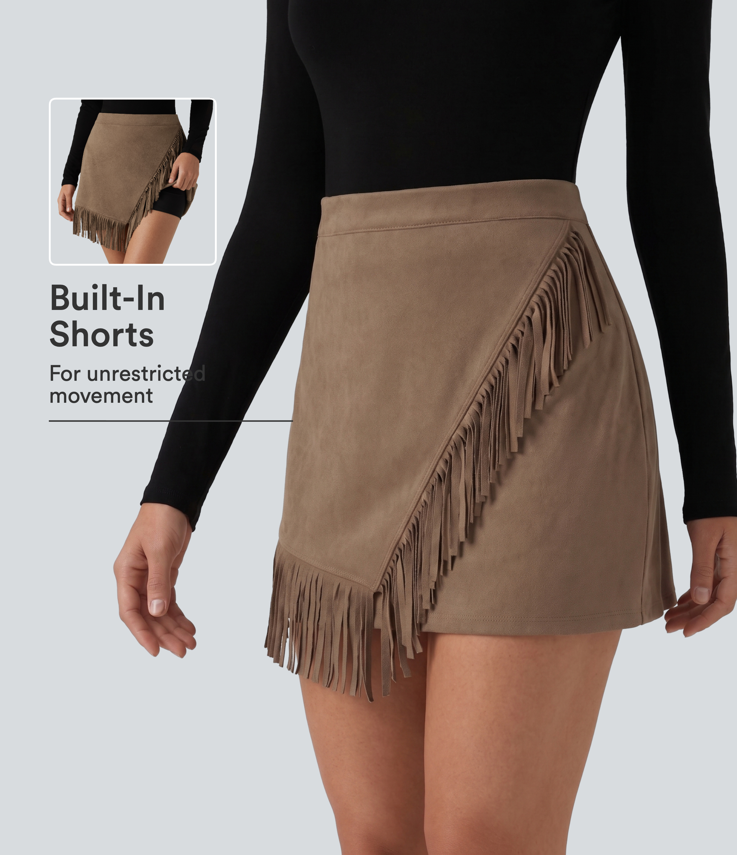 High Waisted A Line 2-in-1 Fringe Hem Asymmetric Mini Suede Party Skirt