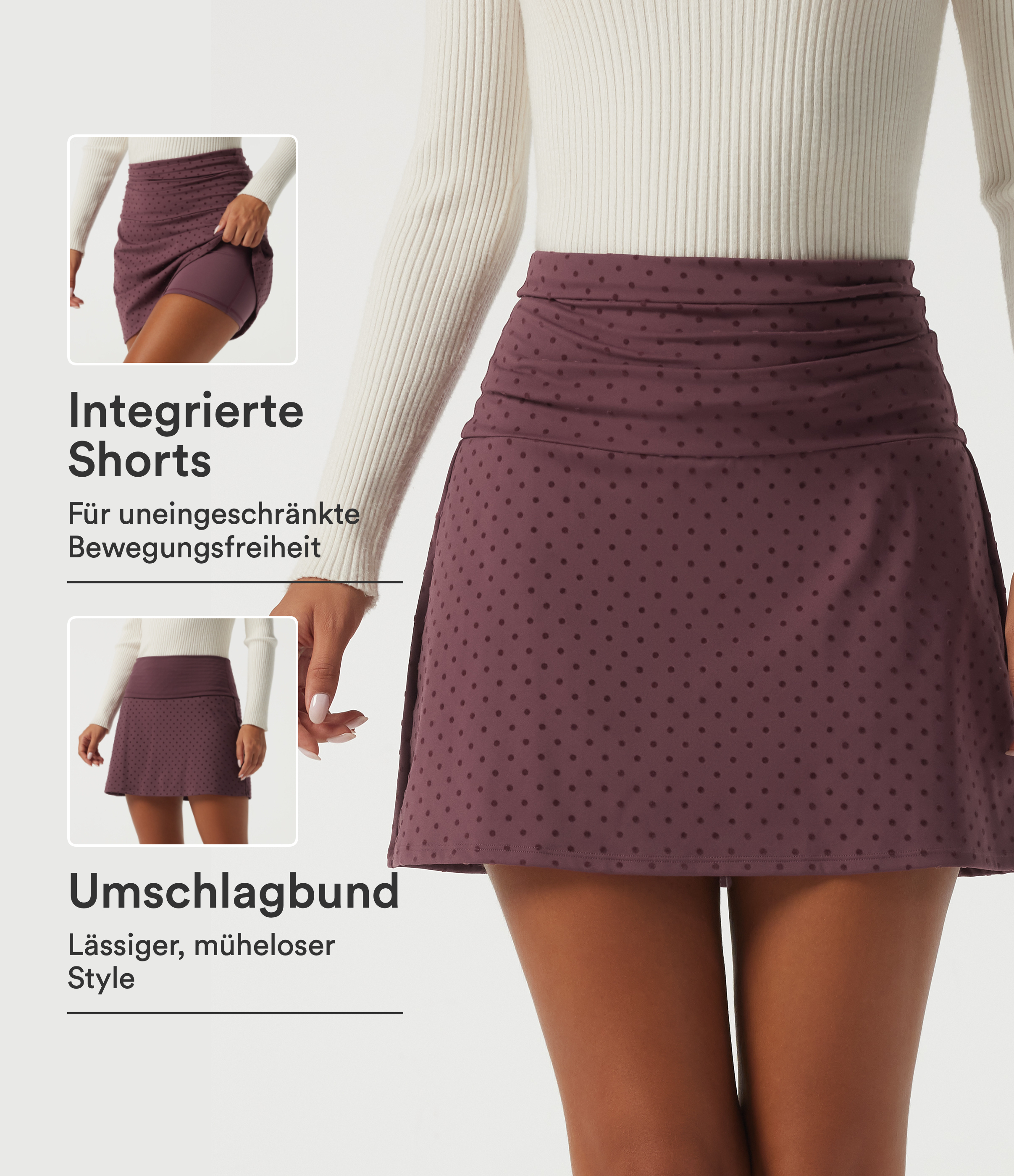 Lässiger, geraffter 2-in-1 Minirock in A-Linie aus Samt mit hohem Bund und Polka-Dots