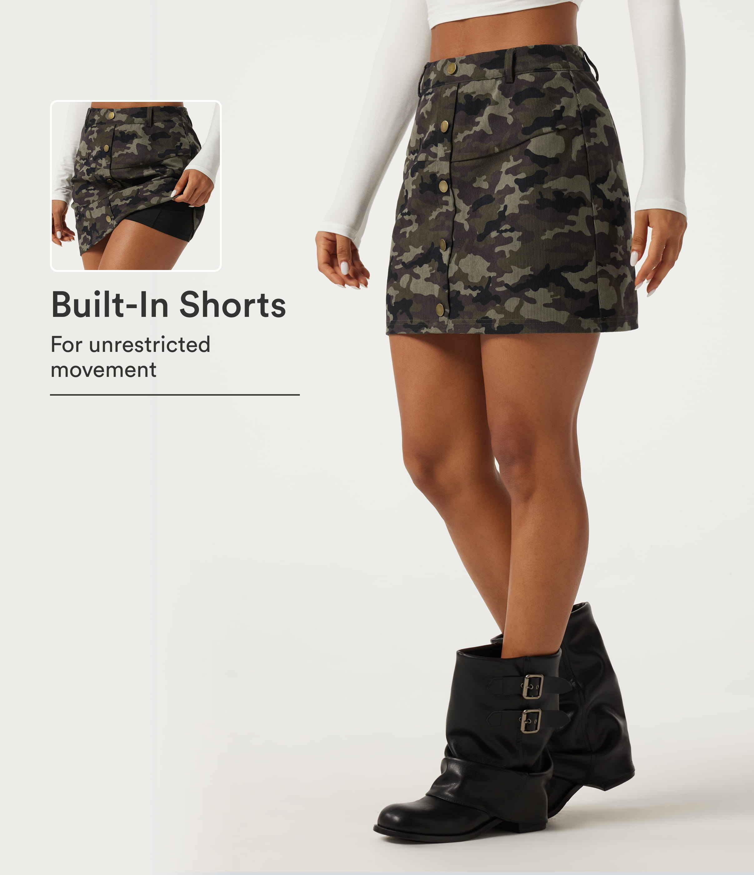 Hoch taillierter Camouflage 2-in-1 A-Linien-Minirock mit Tasche