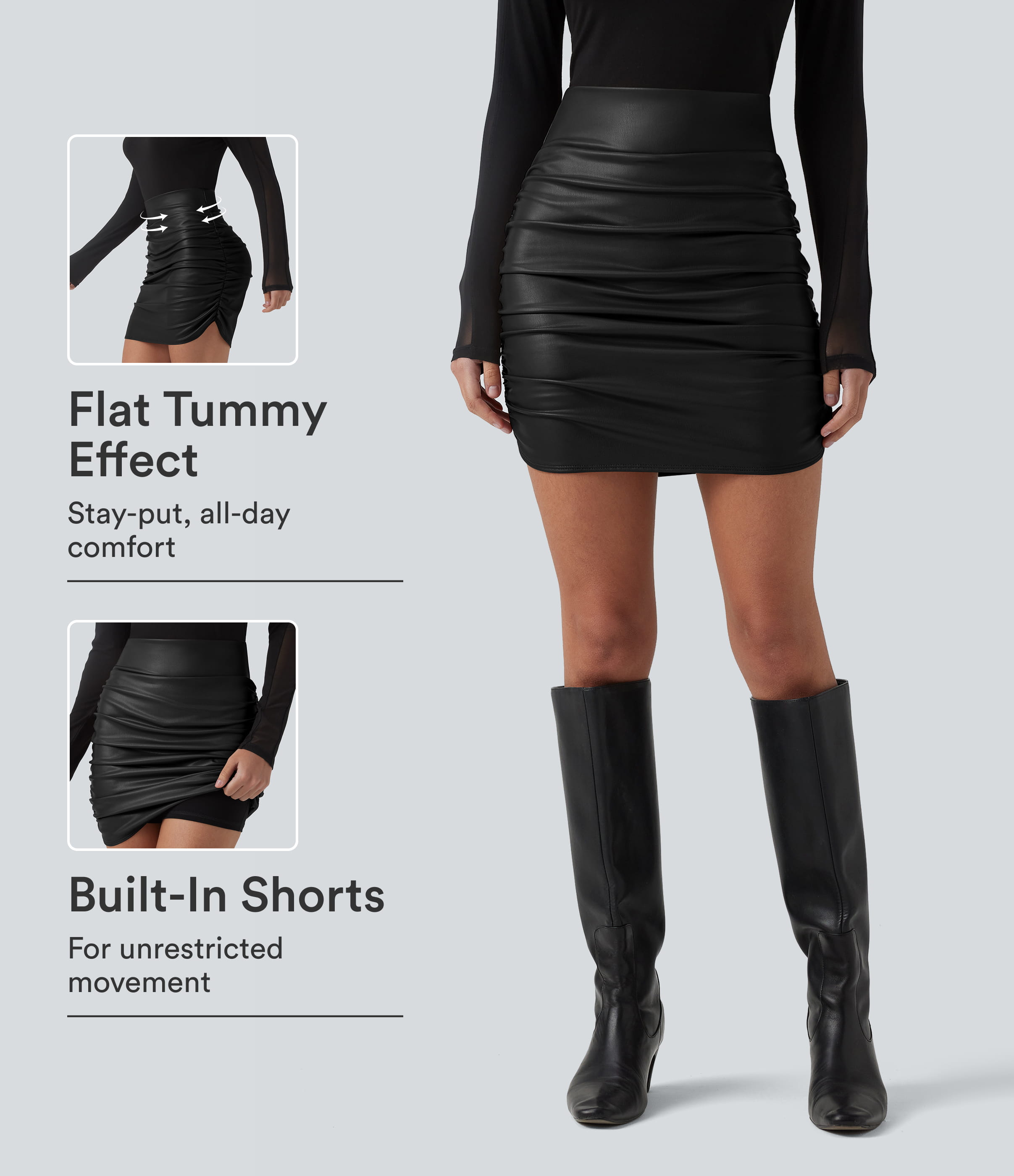 High Waisted Tummy Control Ruched Curved Hem 2-in-1 Fleece PU Mini Bodycon Party Skirt-Longer Length