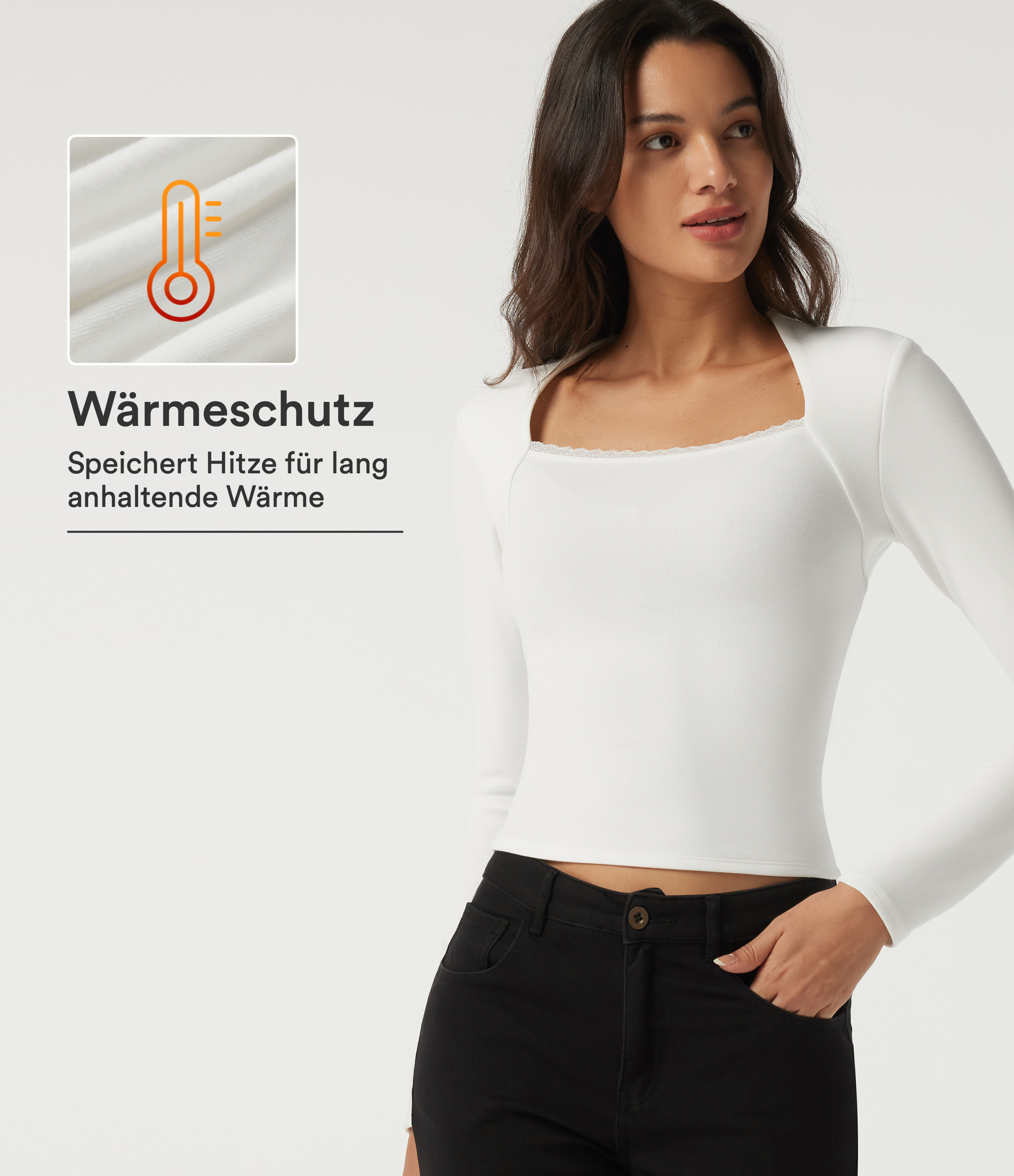 Lässiges Thermo-Top mit Queen-Anne-Ausschnitt, langen Ärmeln und Kontrastspitze