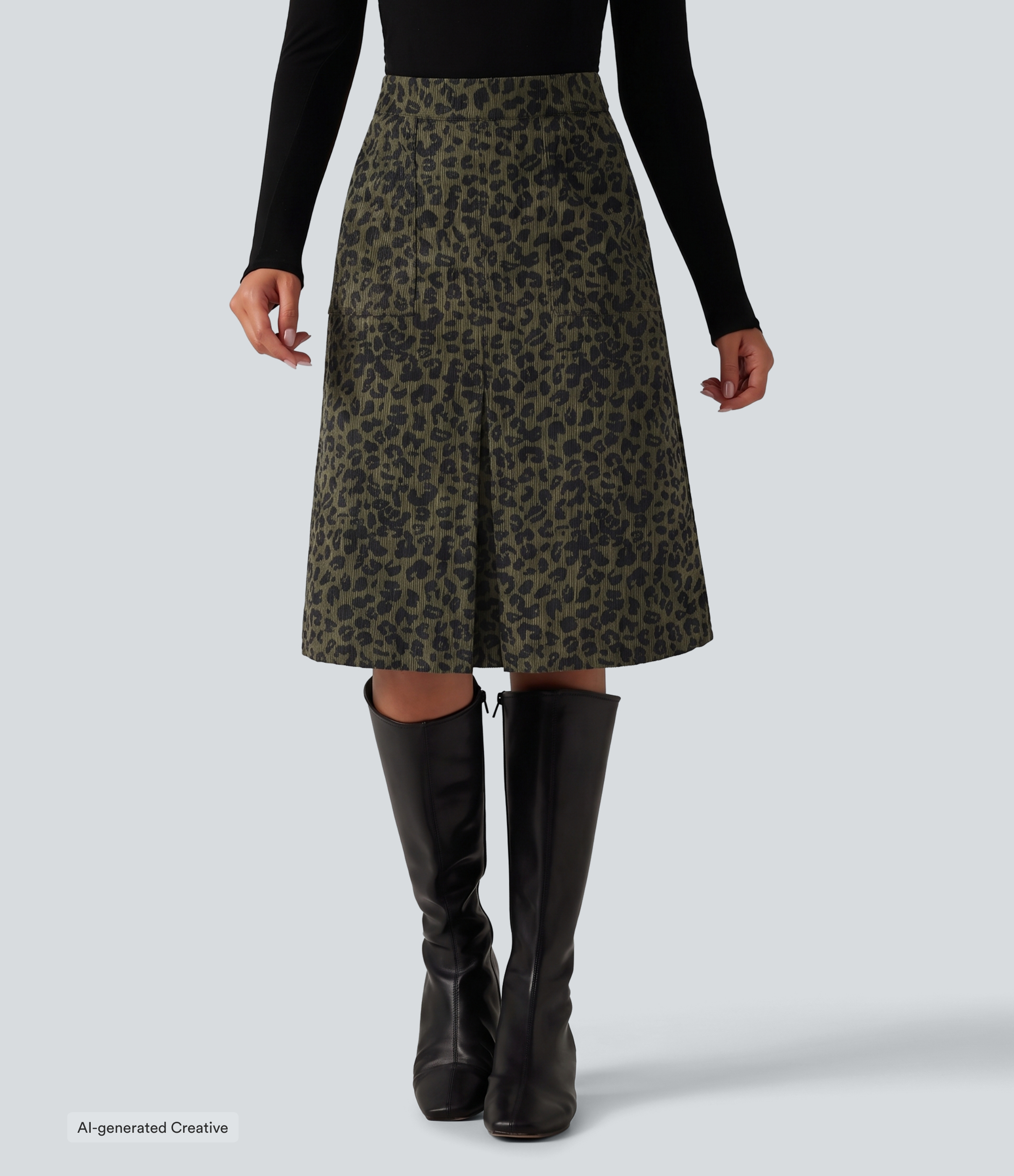 High Waisted Leopard Print Corduroy Casual Midi Skirt with Pockets