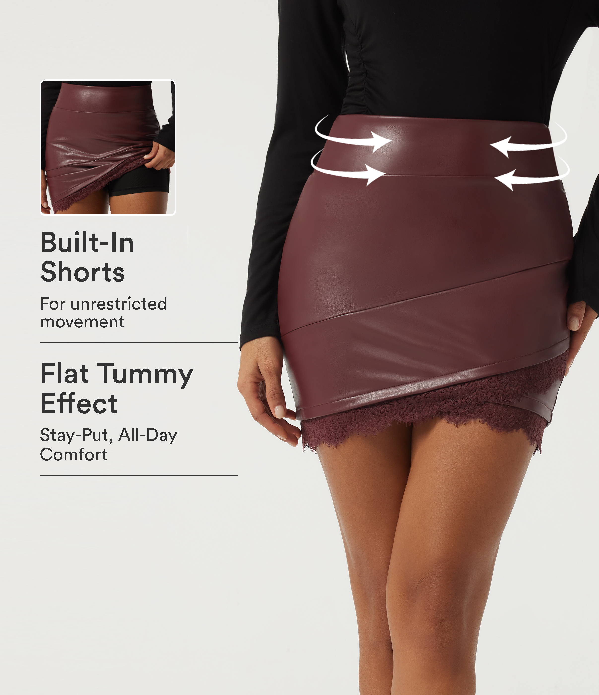 High Waisted Tummy Control 2-in-1 Contrast Lace PU Mini Party Tulip Skirt 