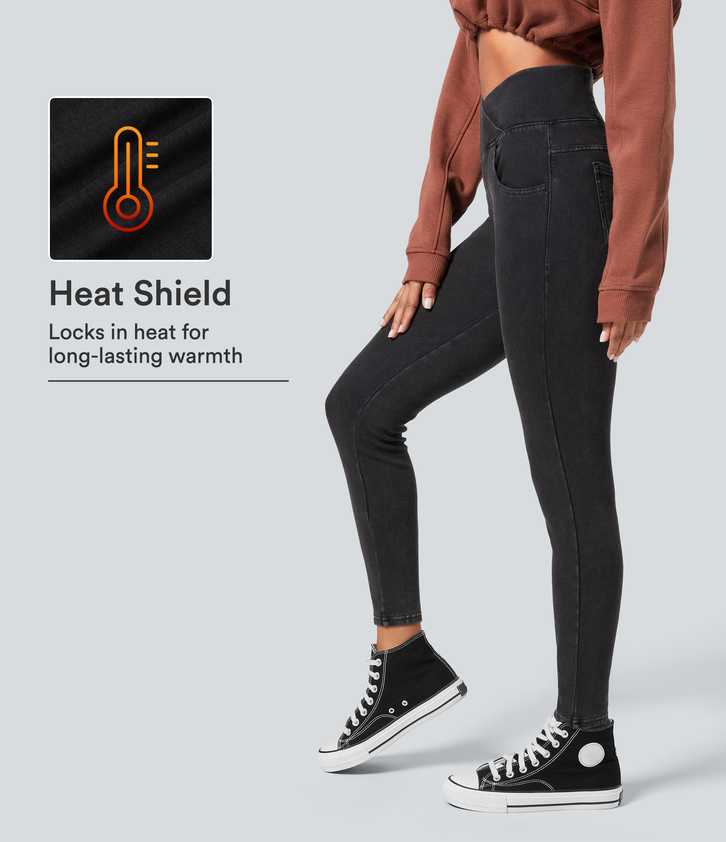 Gloomy Black Denim Halara Flex™ Denim Heat High Waisted Crossover Pockets Casual 7/8 Leggings / 1