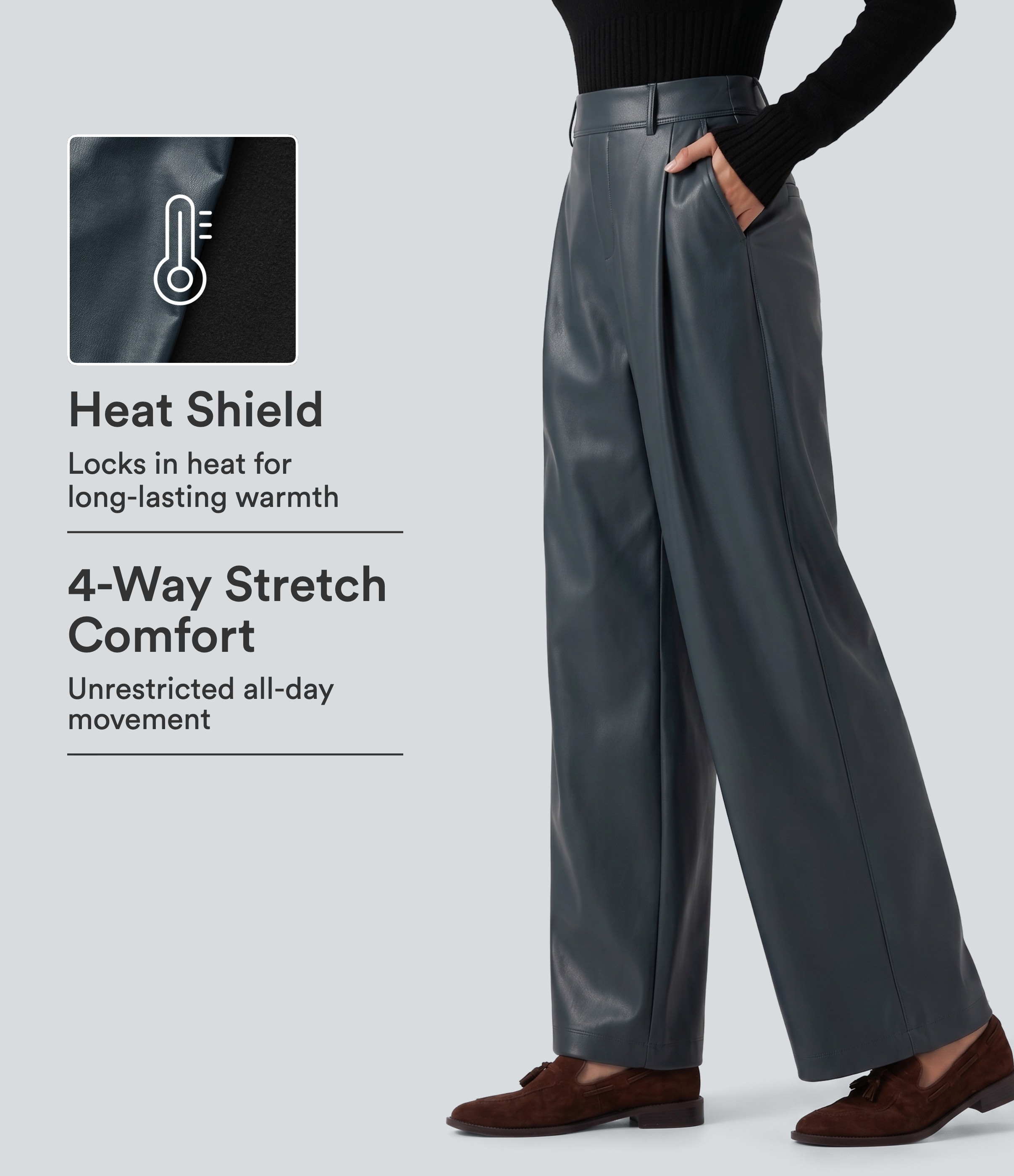 Stratified Sea High Waisted Wide Leg Stretchy PU Fleece Casual Pants with Pockets / 1