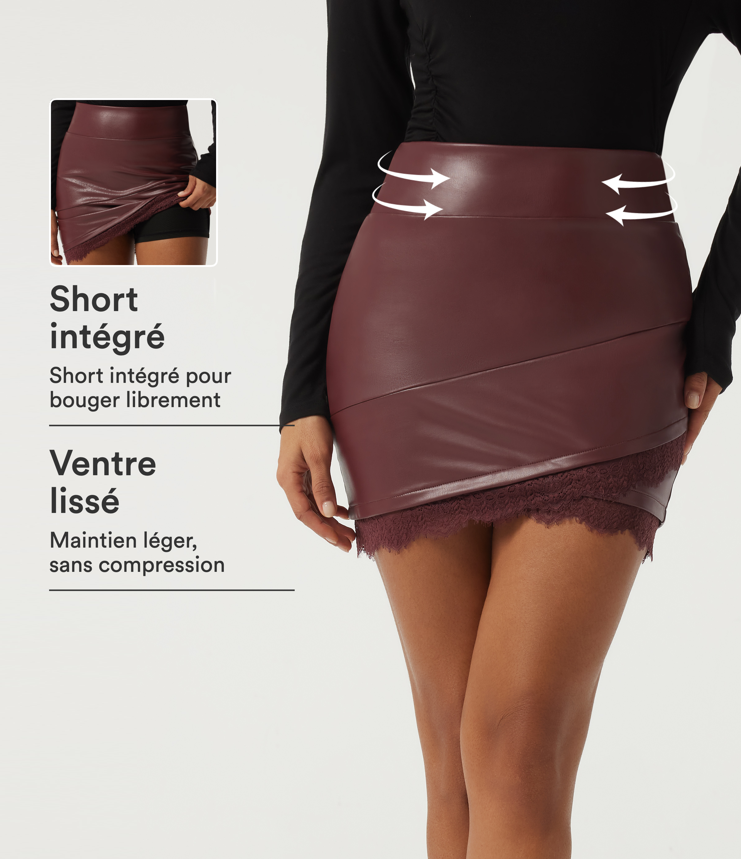 Jupe tulipe 2-en-1 en simili taille haute gainante avec dentelle contrastante