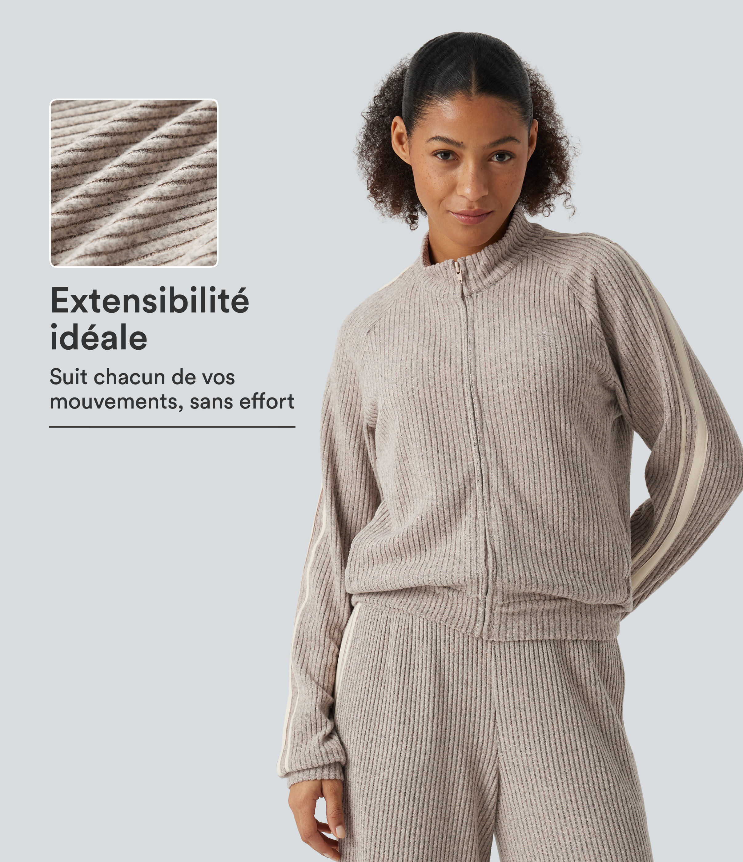 Smoked Olive Veste de sport zippée en maille côtelée à col montant avec bandes latérales et poches / 1