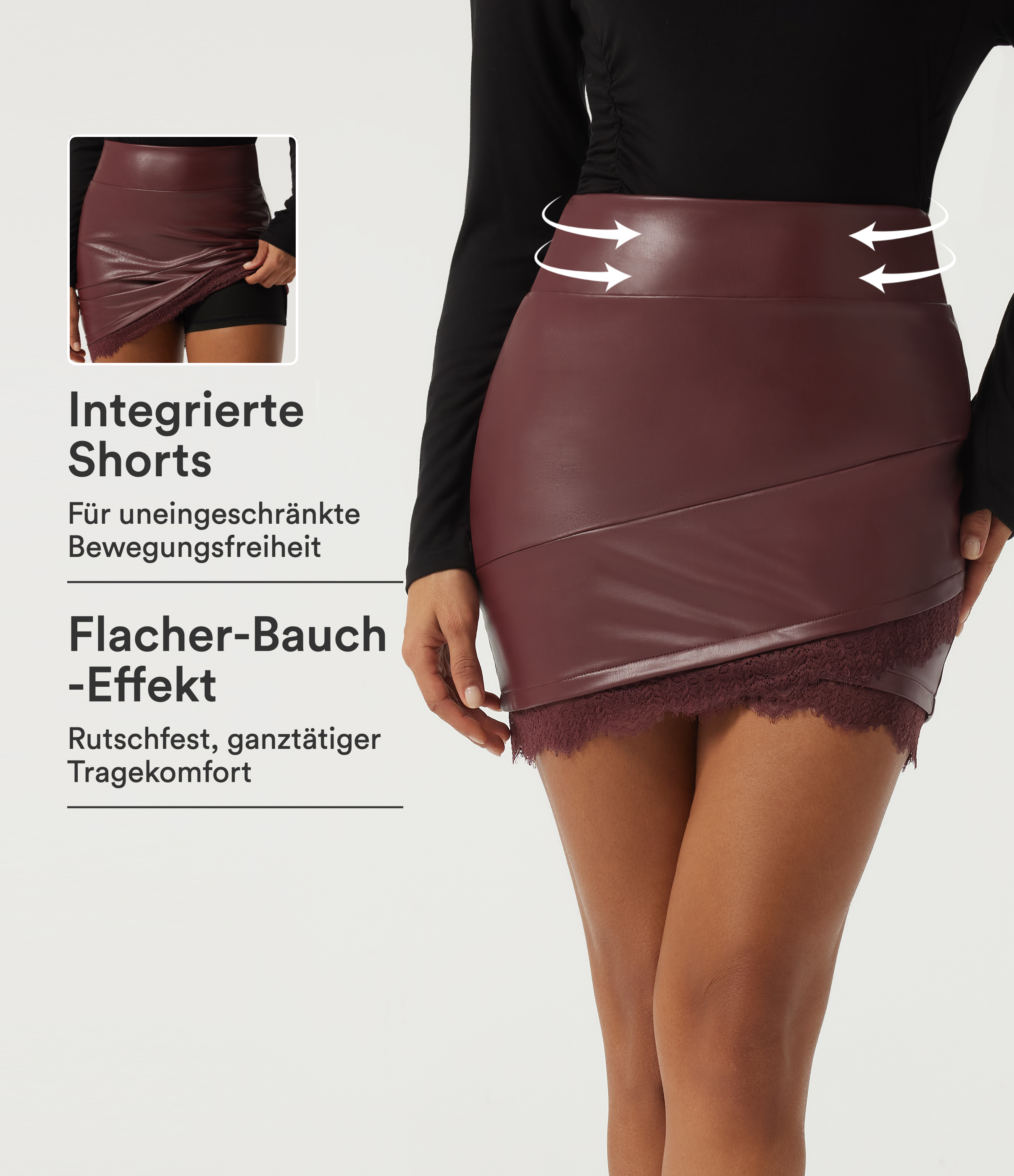 2-in-1 Party-Minirock im Tulpen-Stil aus Kunstleder mit hohem Bund, Bauchkontrolle und Kontrastspitze
