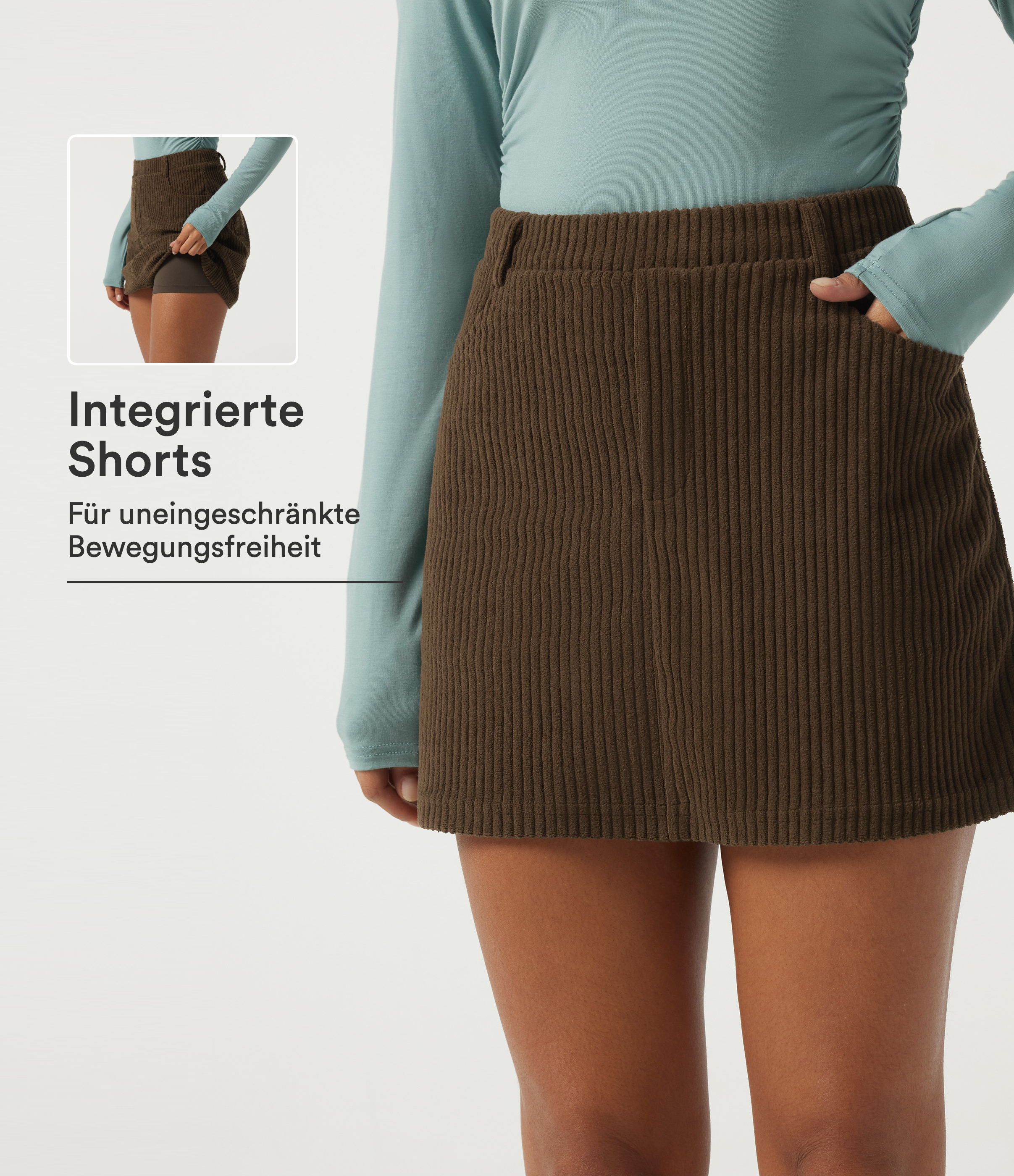 Lässiger 2-in-1 Minirock aus Cord in A-Linie mit hohem Bund, Seitentaschen und integrierten Shorts