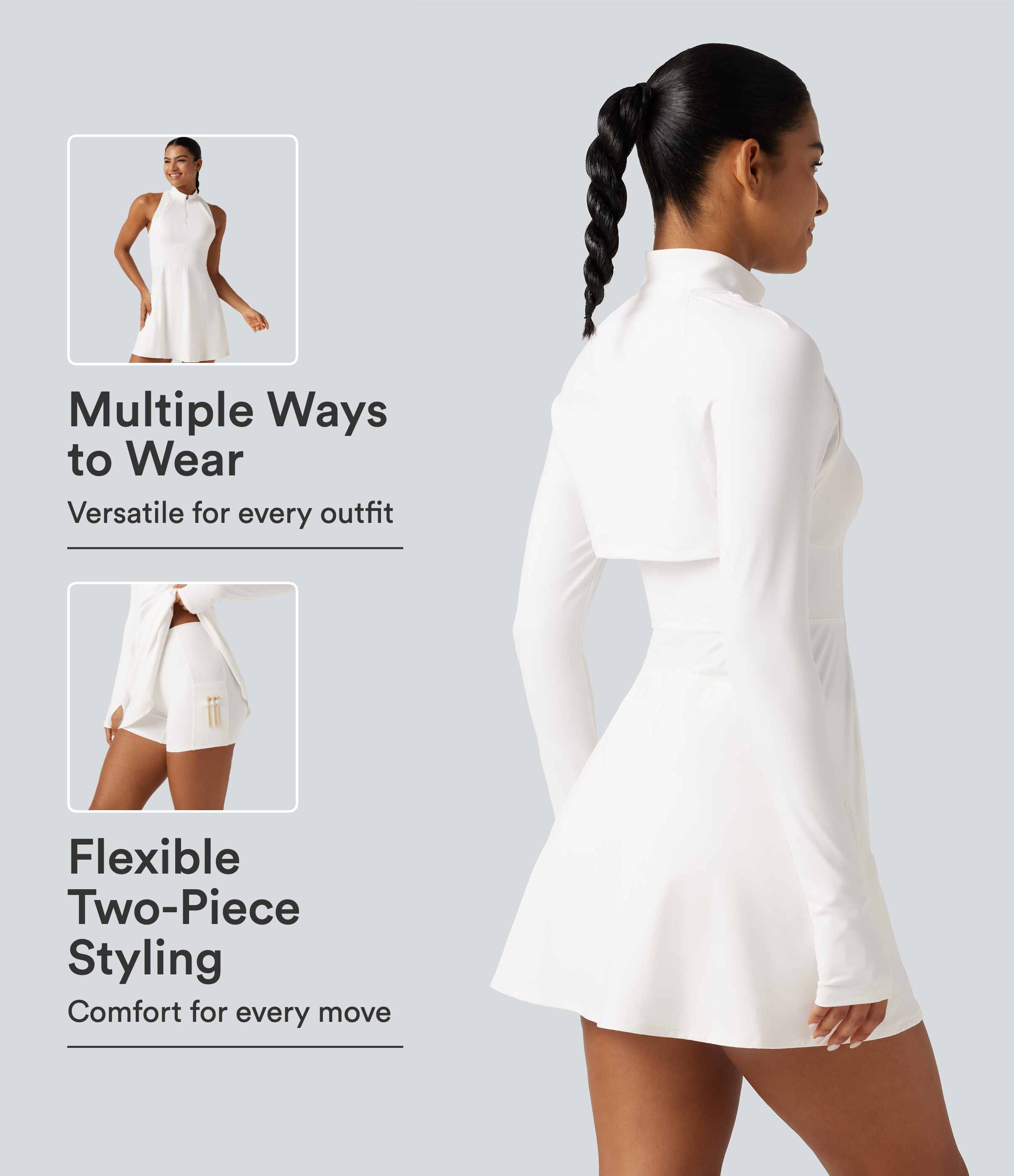 SoftlyZero™ Airy Mock Neck Long Sleeve A-Line InstantCool Golf Mini Dress with Separate Liner Shorts and Pockets