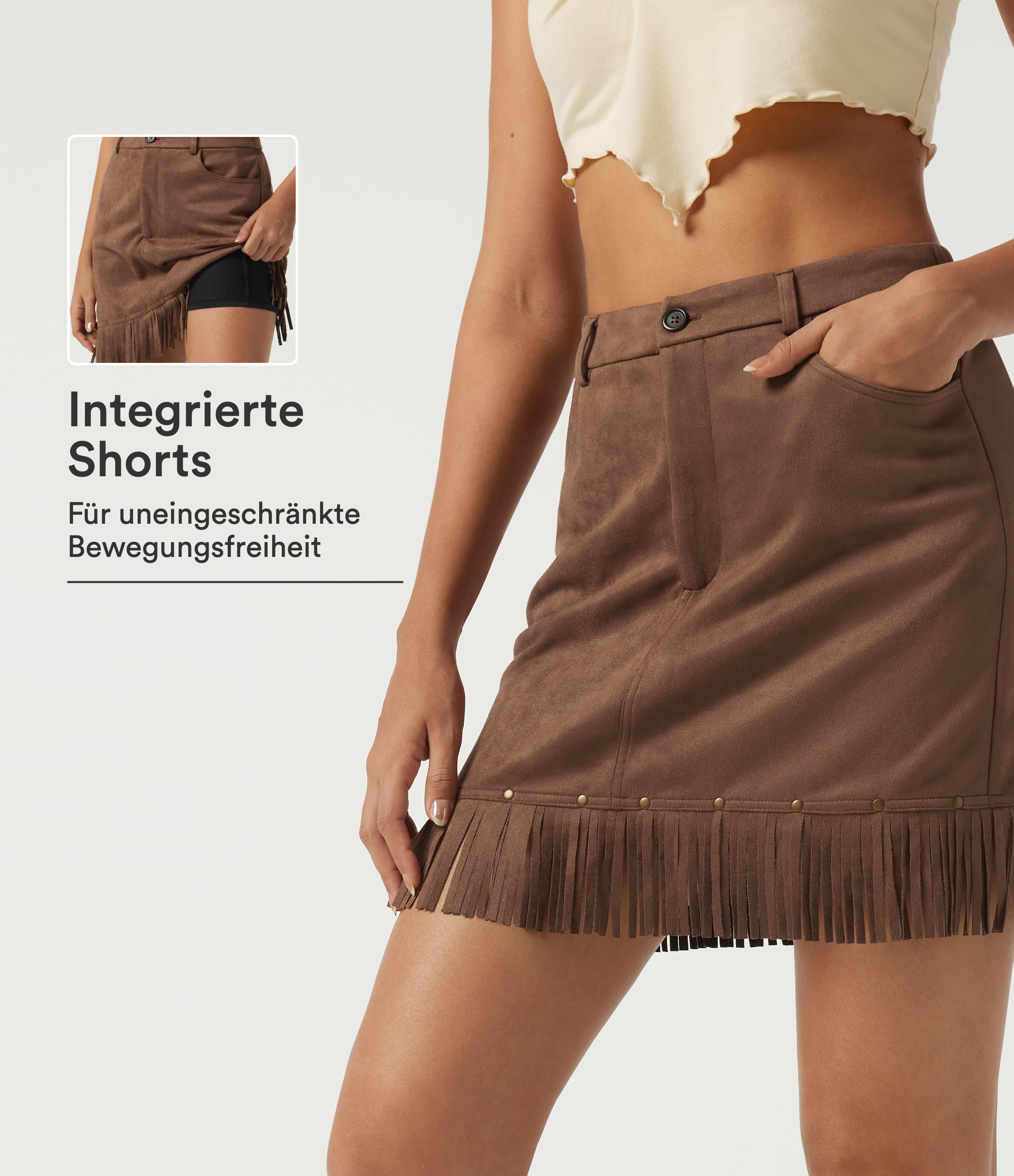 Lässiger Minirock aus Wildleder in A-Linie mit hohem Bund, Seitentaschen, Fransen und integrierten Shorts