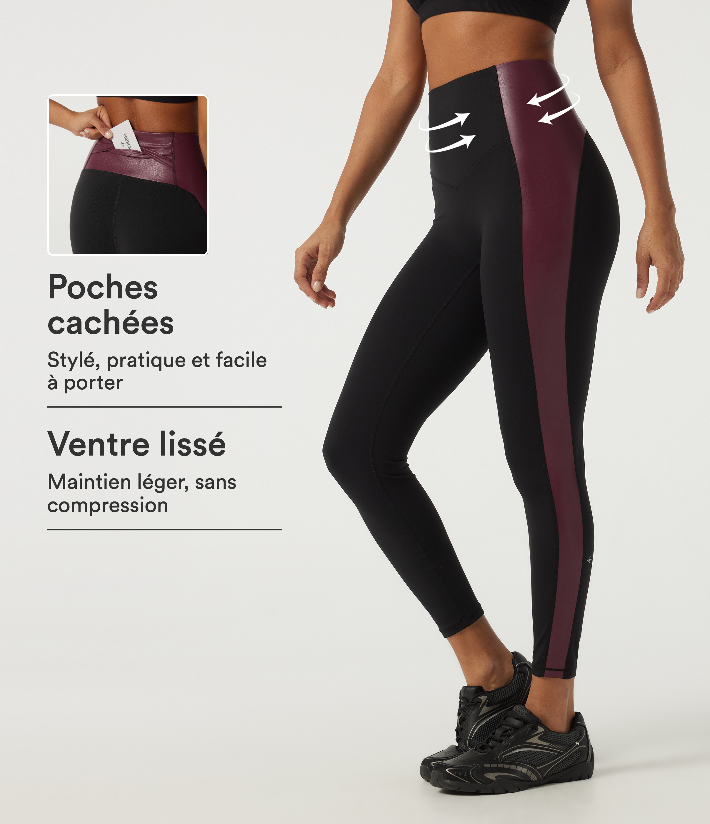 Legging de yoga taille haute gainant color block en simili avec poche