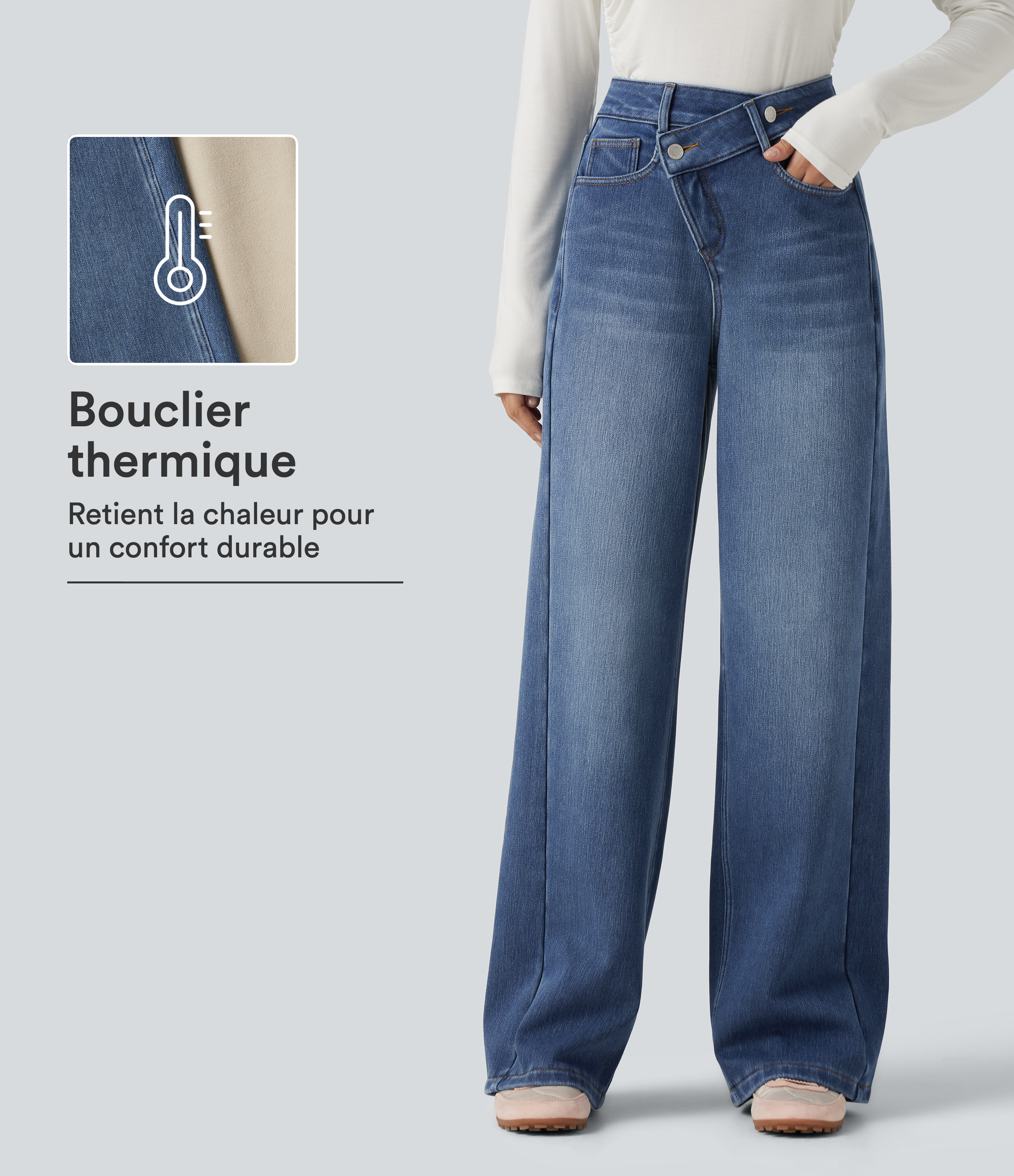 Estate Blue Denim Jean baggy taille haute asymétrique en coton doublé polaire avec poches / 1