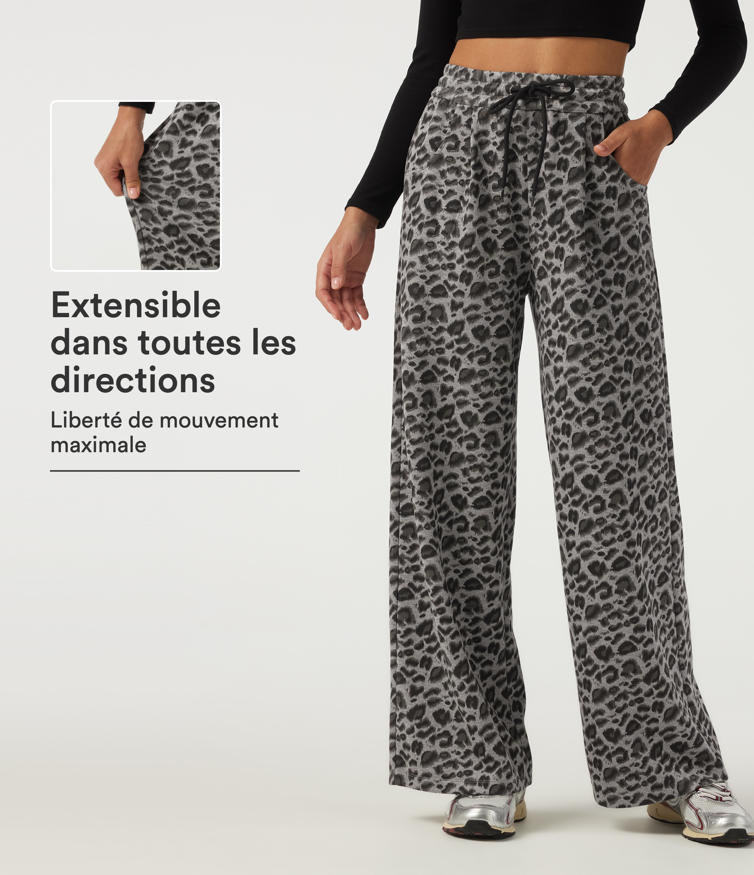 Pantalon taille haute léopard coupe large à cordon de serrage avec poches