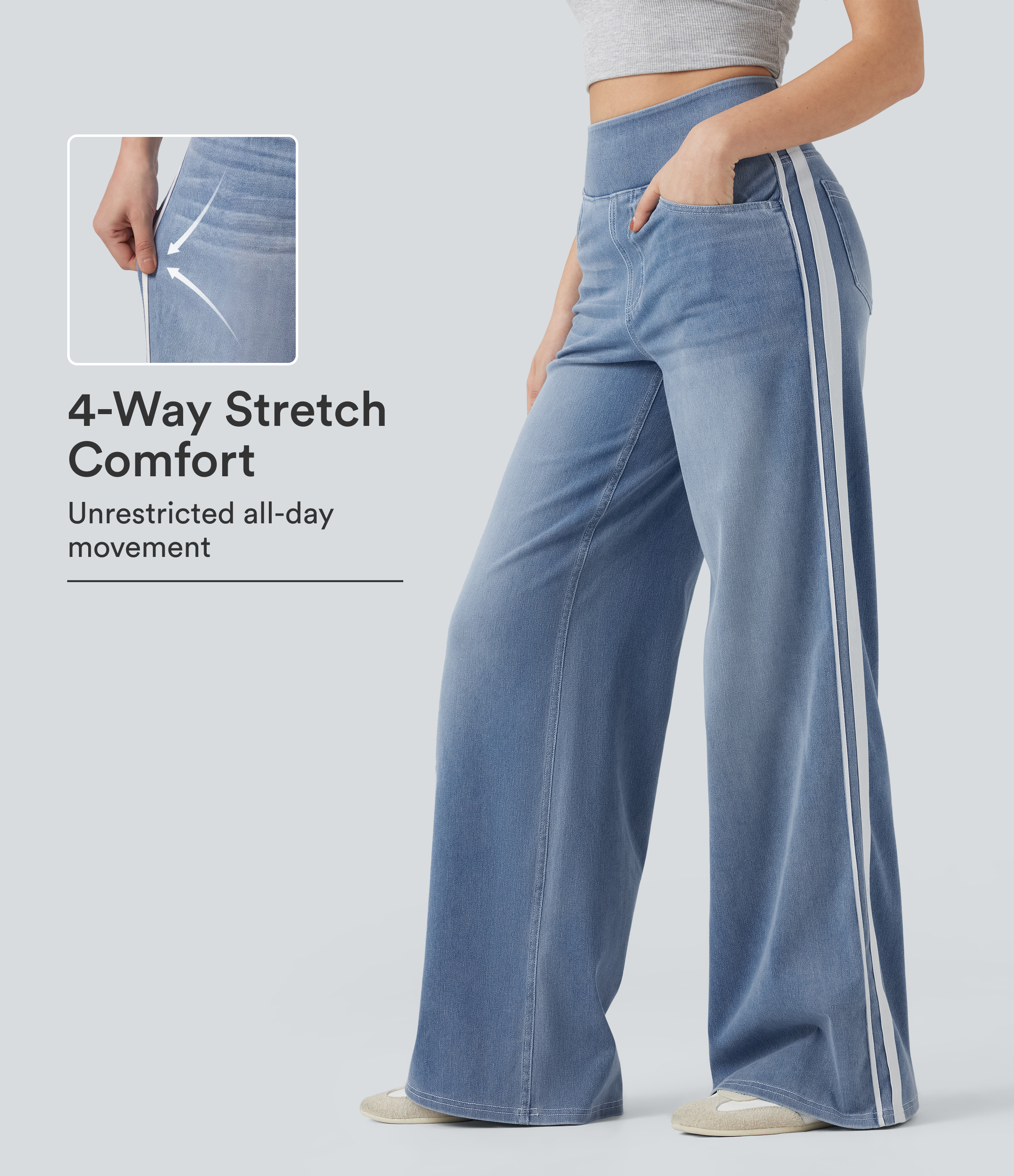 Halara Flex™ High Waisted Stripe Wide Leg Flowy Washed Casual Jeans with Pockets