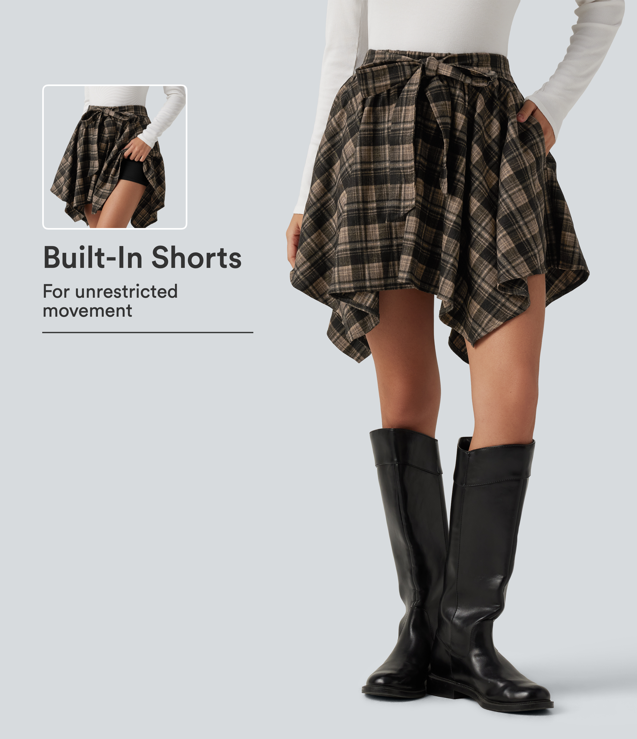 High Waisted Tie Front 2-in-1 Plaid Mini Casual Skirt with Pockets