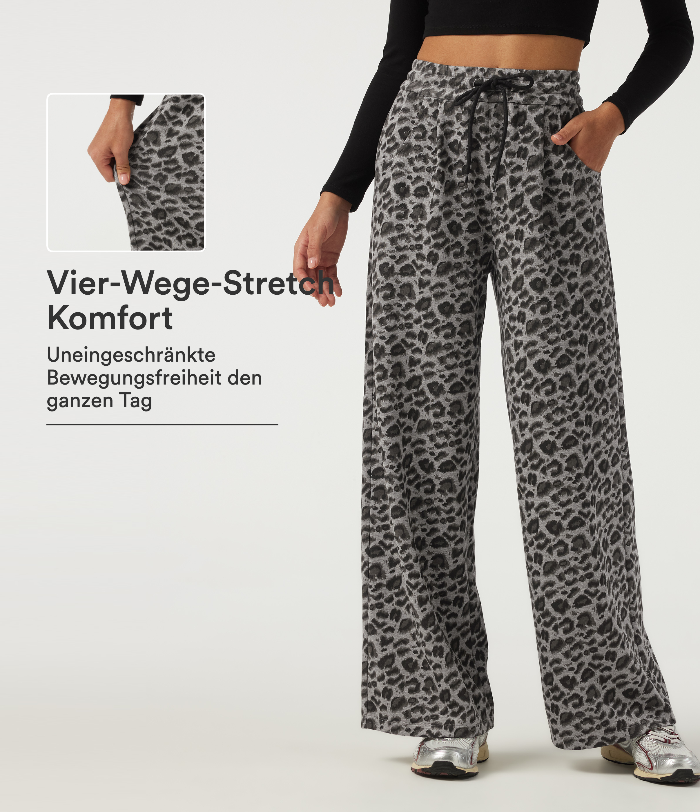 Silver Leopard Print Lässige Hose mit hohem Bund, Seitentaschen, Kordelzug, Leopardenmuster und weitem Bein / 1