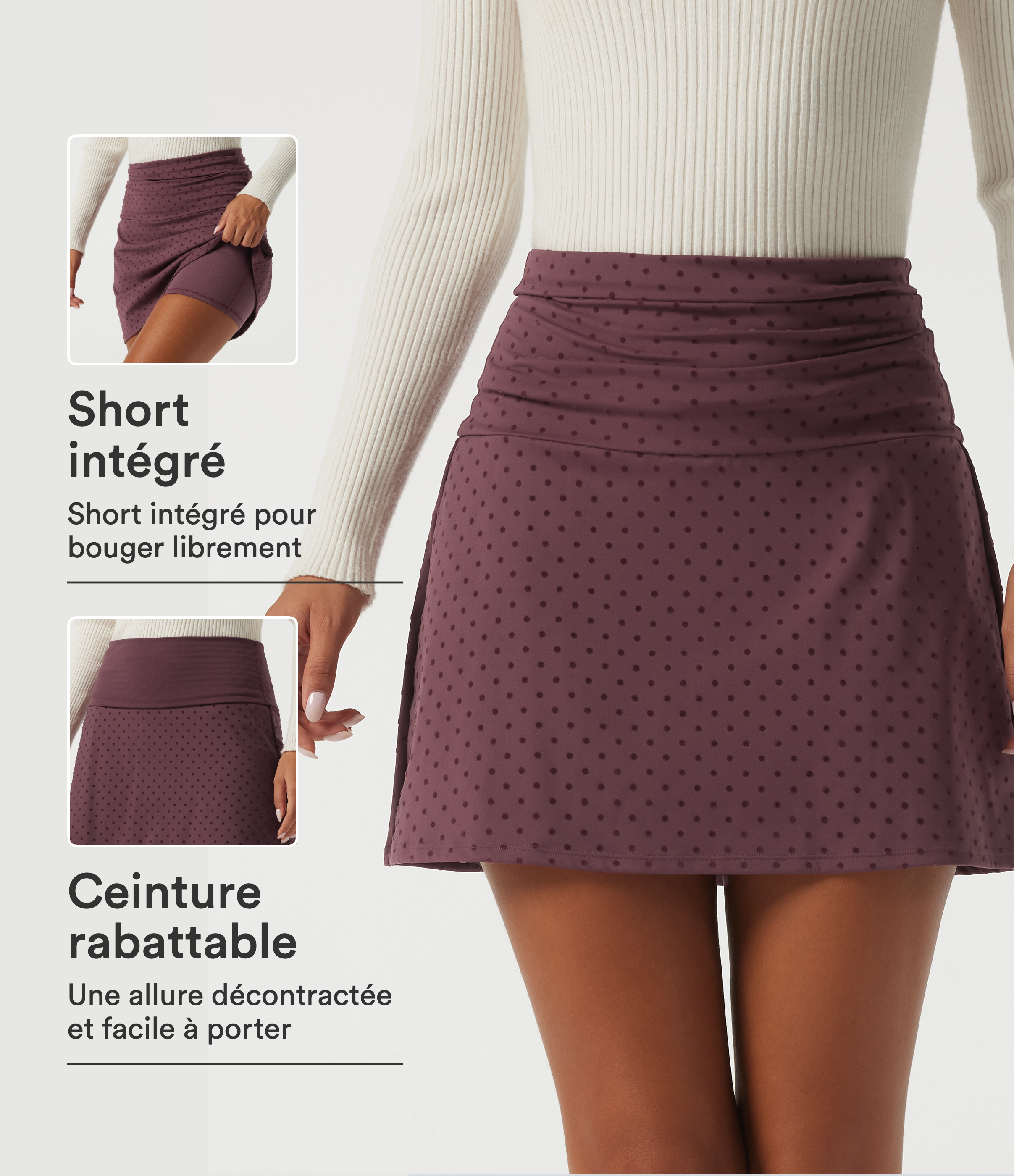 Jupe-short 2-en-1 en velours à pois taille haute coupe trapèze