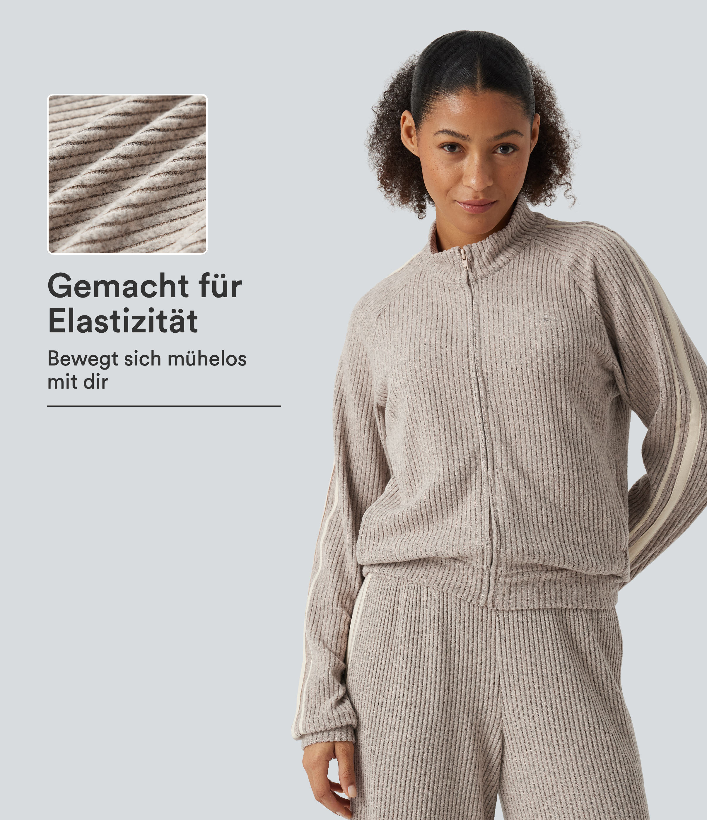 Lässige Strickjacke mit Stehkragen, Seitentaschen, langen Ärmeln und seitlichen Streifen