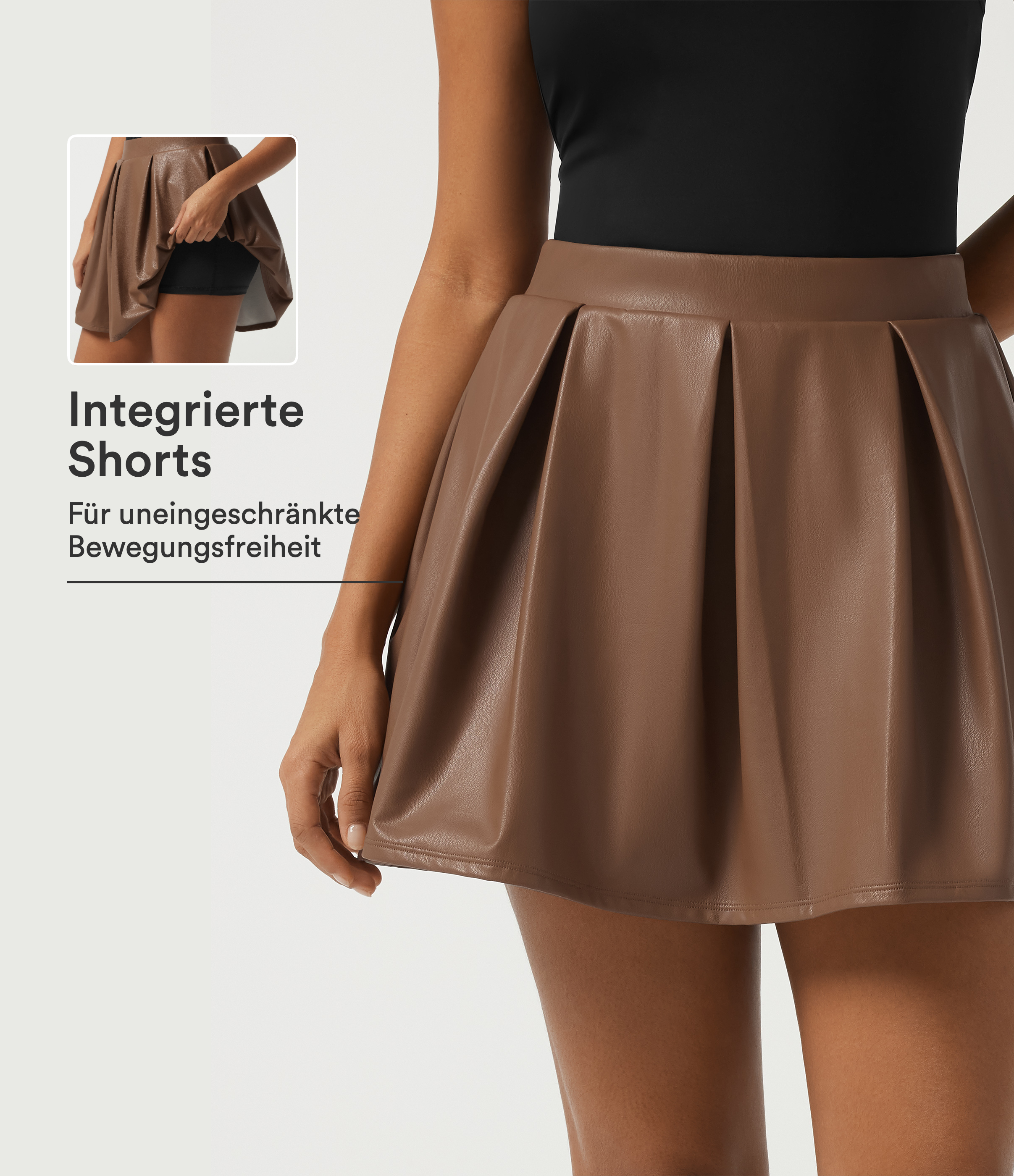 Lässiger 2-in-1 Fleece-Minirock in A-Linie aus elastischem Kunstleder mit hohem Bund und Seitentaschen