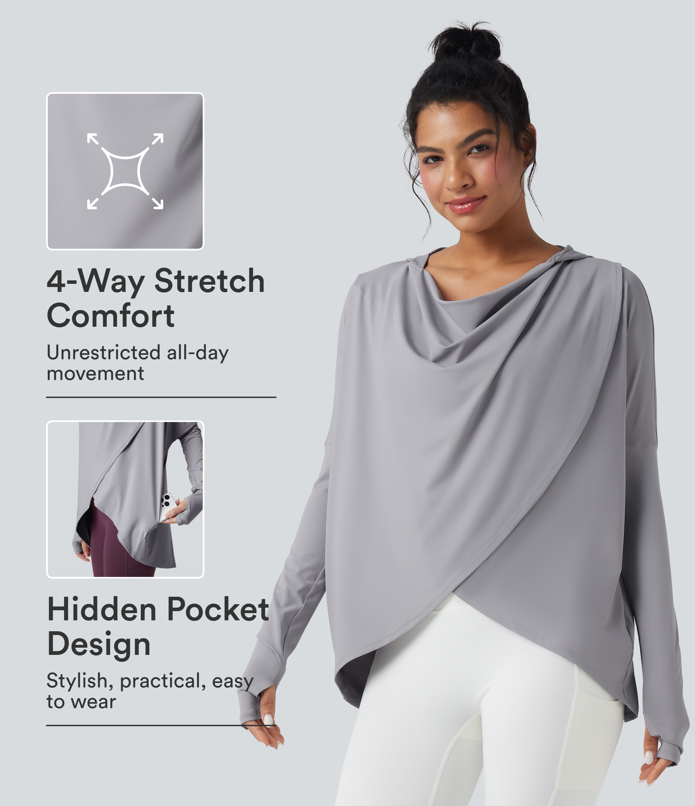 Hooded Cowl Neck Long Sleeve Thumb Hole Yoga Sports Top with Pockets