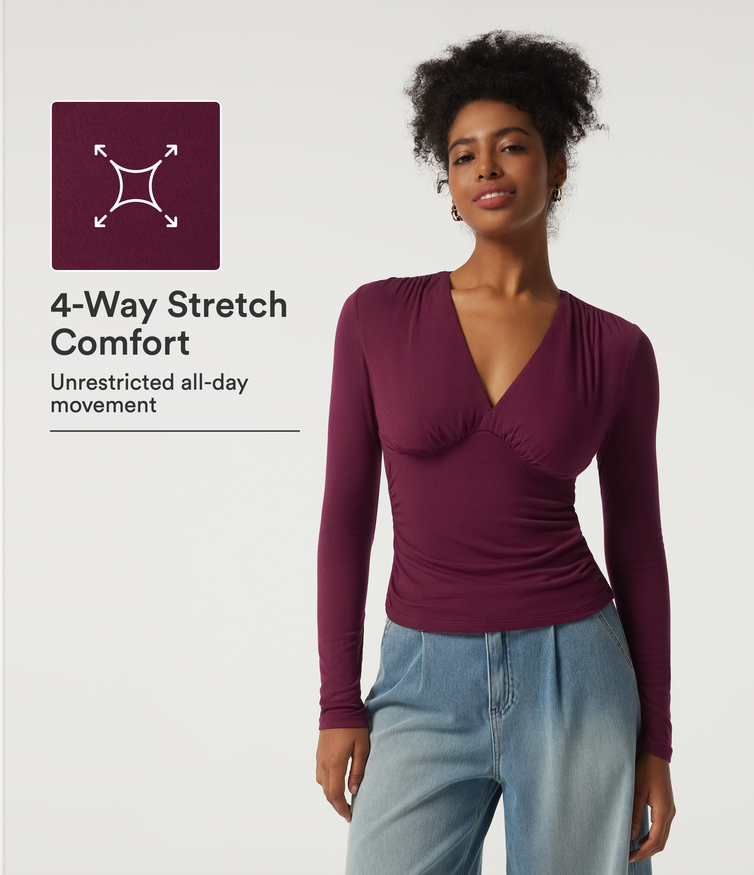 Ribbed V Neck Long Sleeve Ruched Casual Top with Built-in Bra