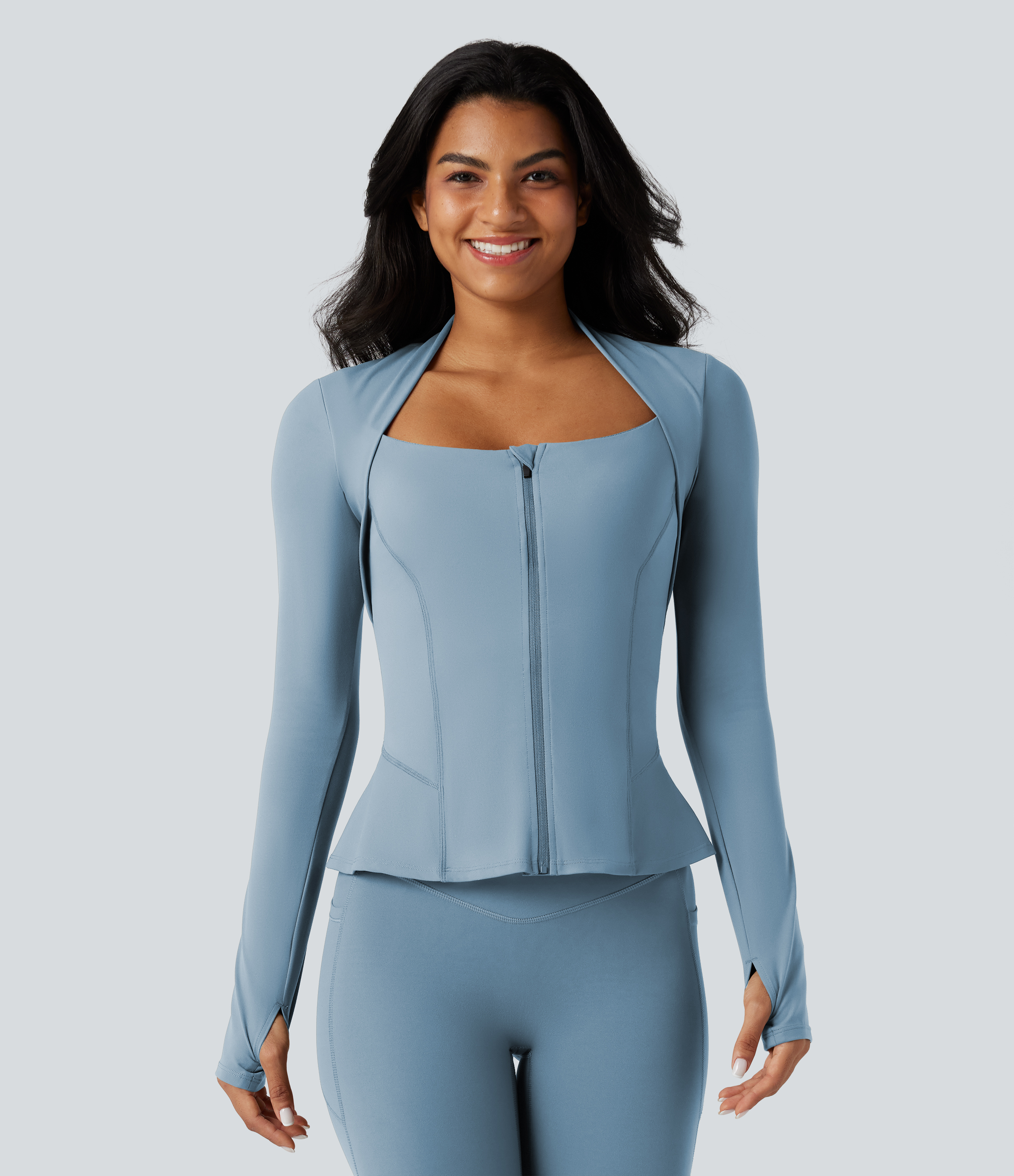 Halara UltraSculpt™ Push-Up Long Sleeve Thumb Hole Zipper Ruffle Hem Yoga Curvy Jacket