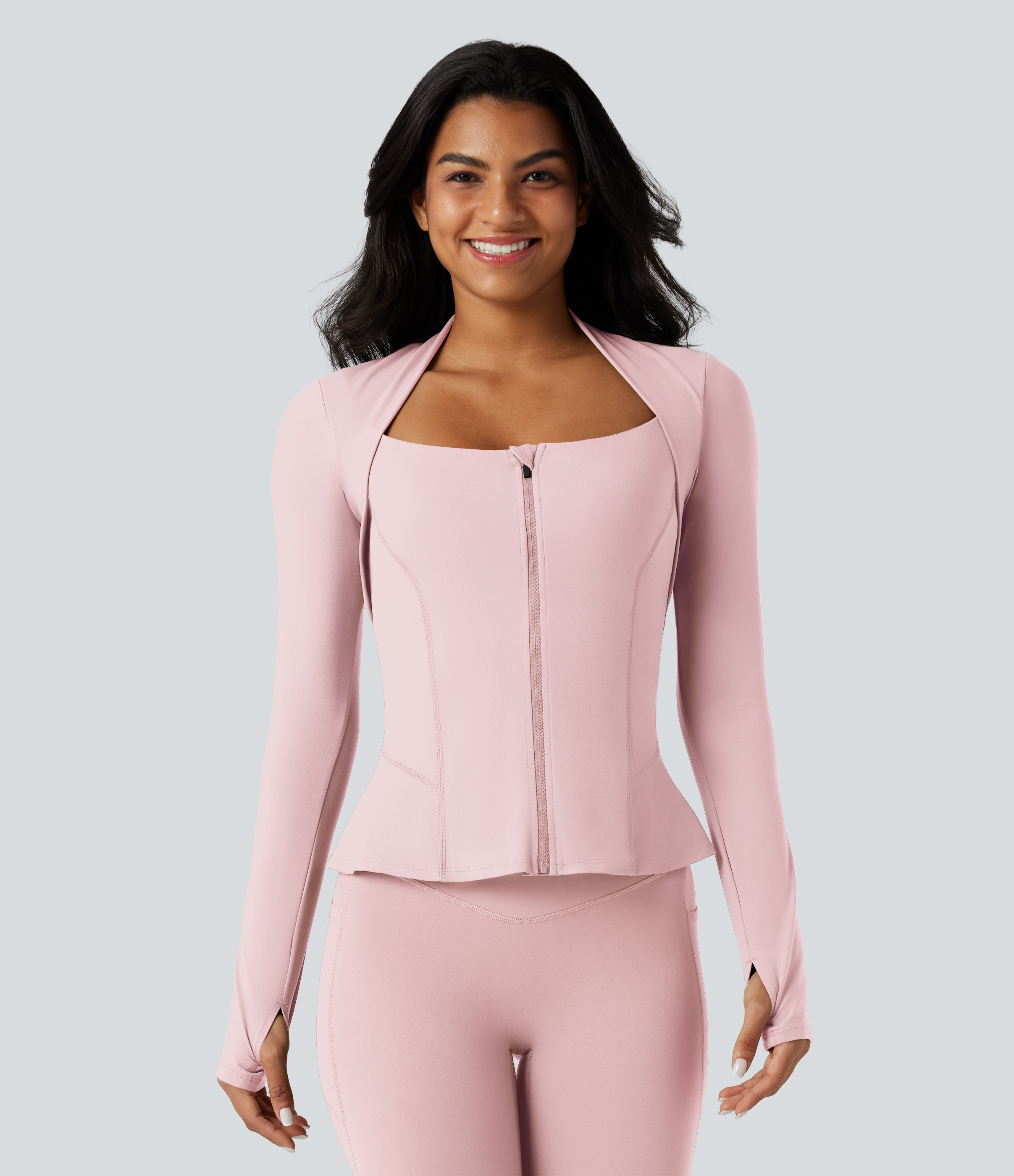 Halara UltraSculpt™ Veste de yoga à effet push-up, manches longues avec ouverture pour le pouce, fermeture éclair et ourlet à volants