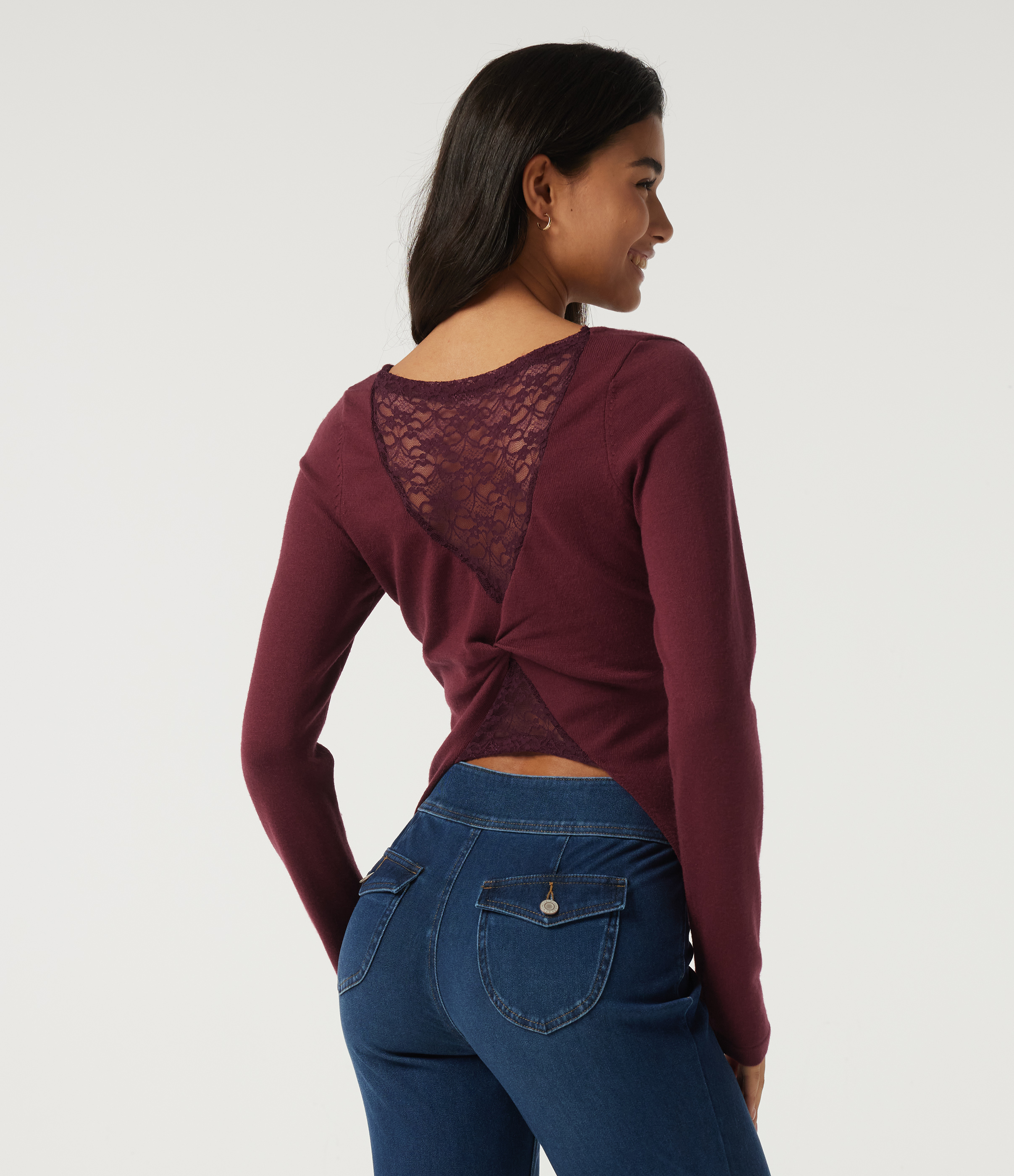 Boat Neck Long Sleeve Contrast Lace Cut Out Back Casual Sweater