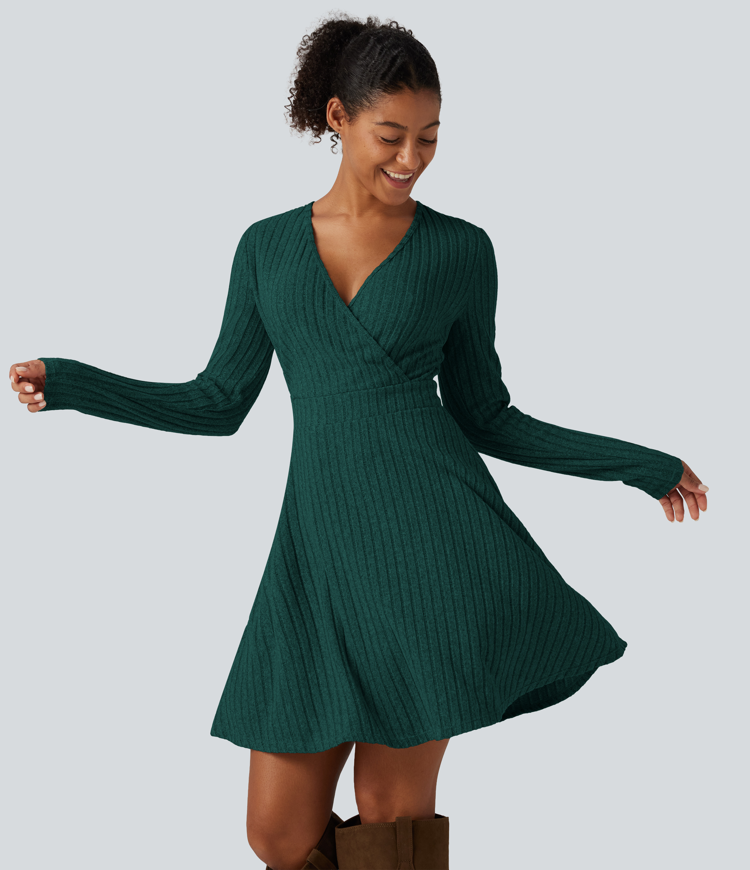 Ribbed Knit V-Neck Crossover Long Sleeve Mini Casual Dress