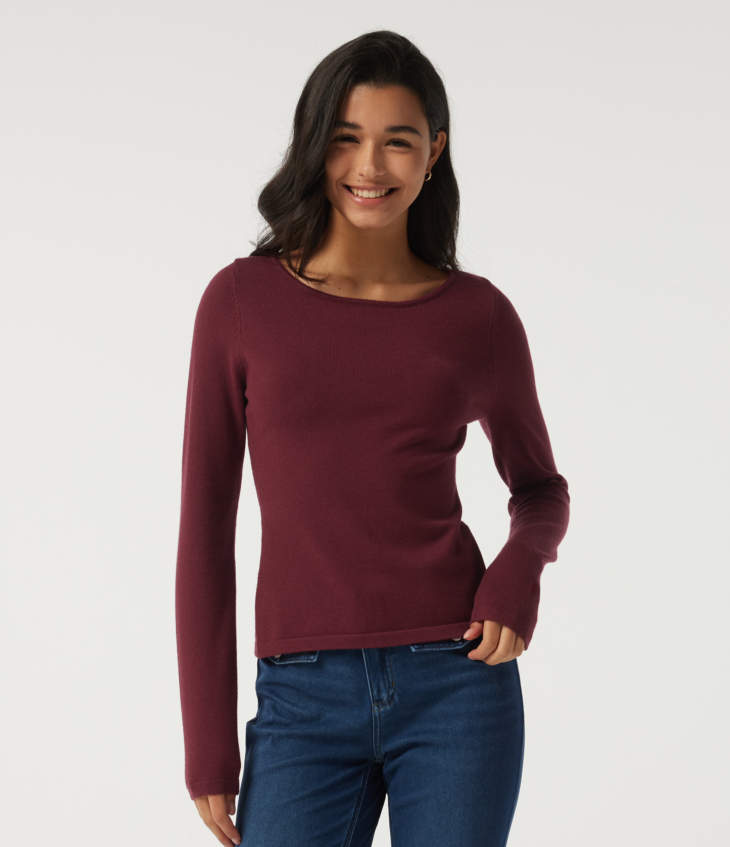 Cardinal Red Boat Neck Long Sleeve Contrast Lace Cut Out Back Casual Sweater / 2
