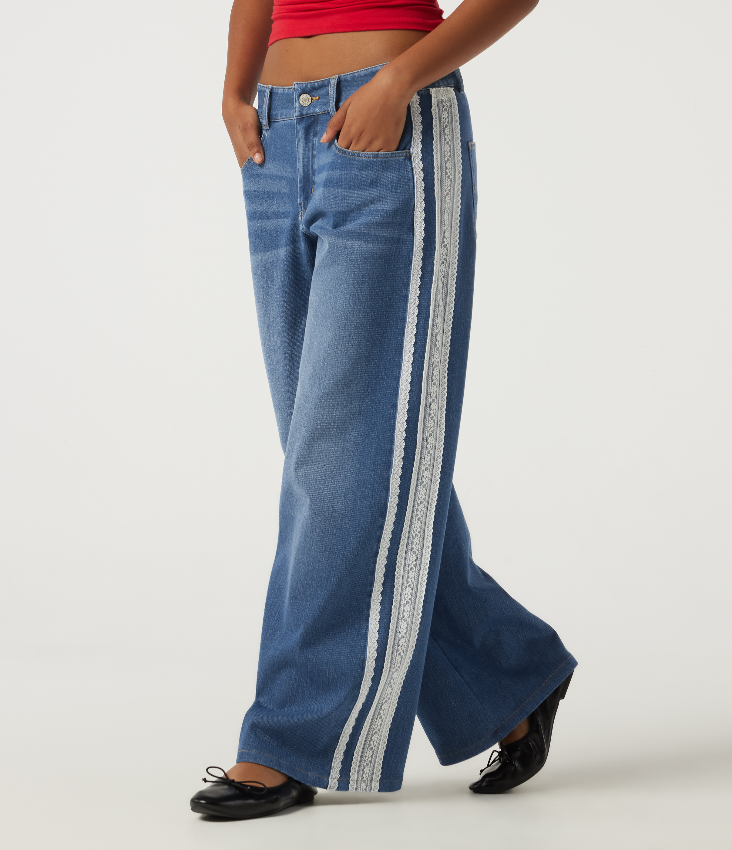 Halara Flex™ Low Rise Baggy Contrast Lace Casual Jeans with Pockets