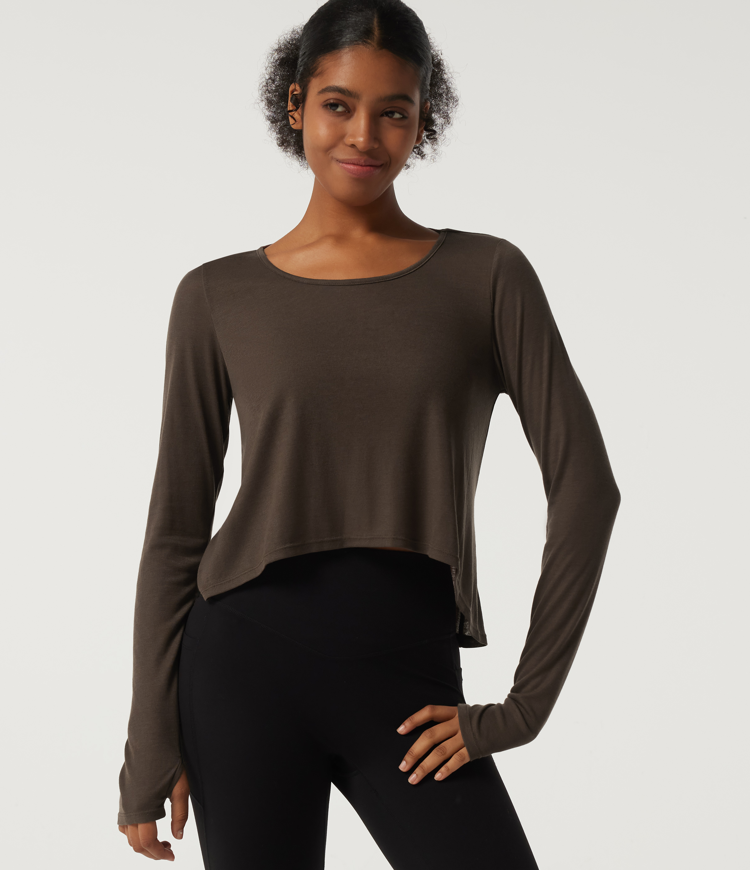 Scoop Neck Long Sleeve Ruffle Curved Hem Casual Wool-Blend Top with Thumbholes