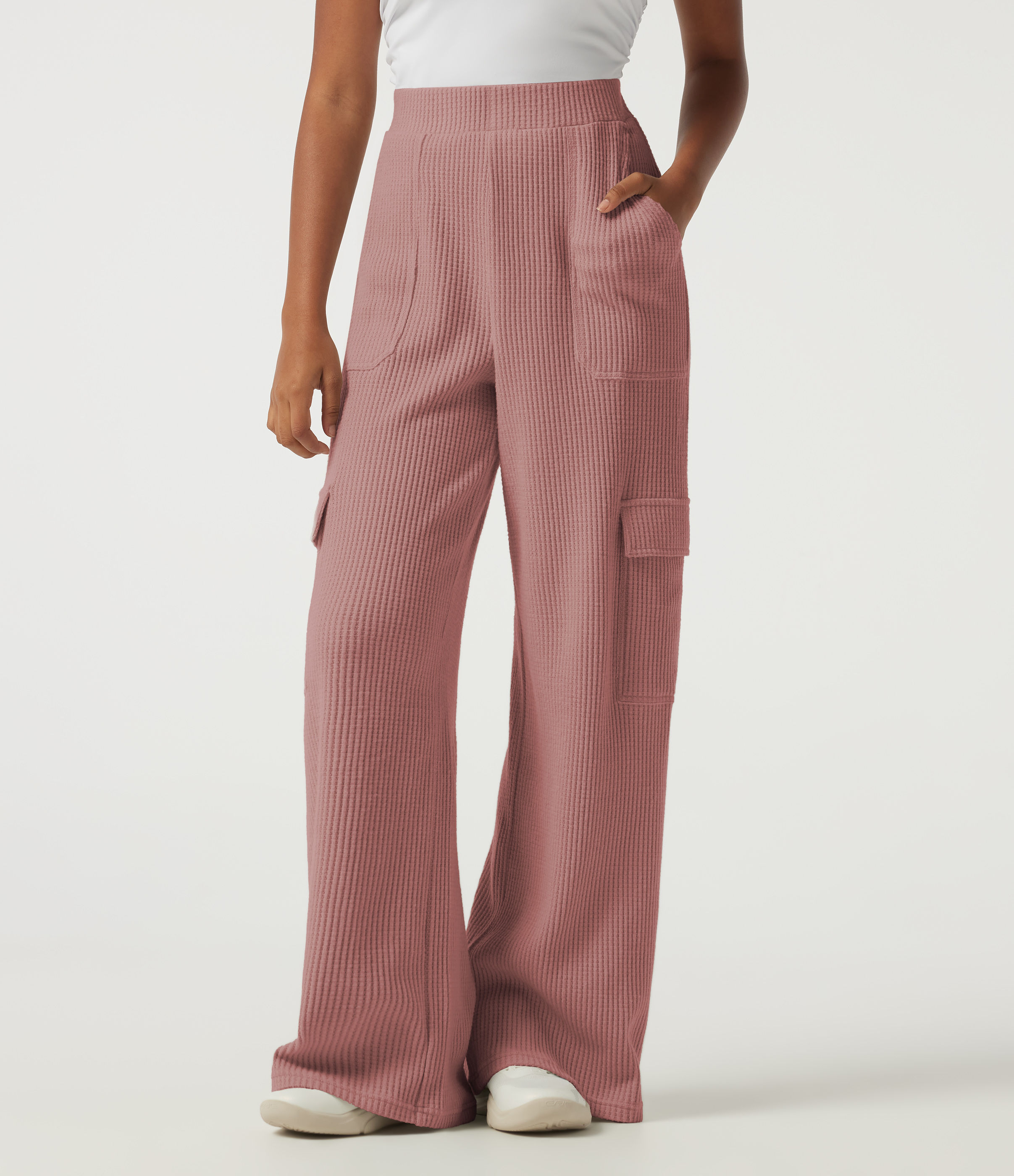 High Waisted Wide Leg Waffle Casual Sweatpants with Pockets