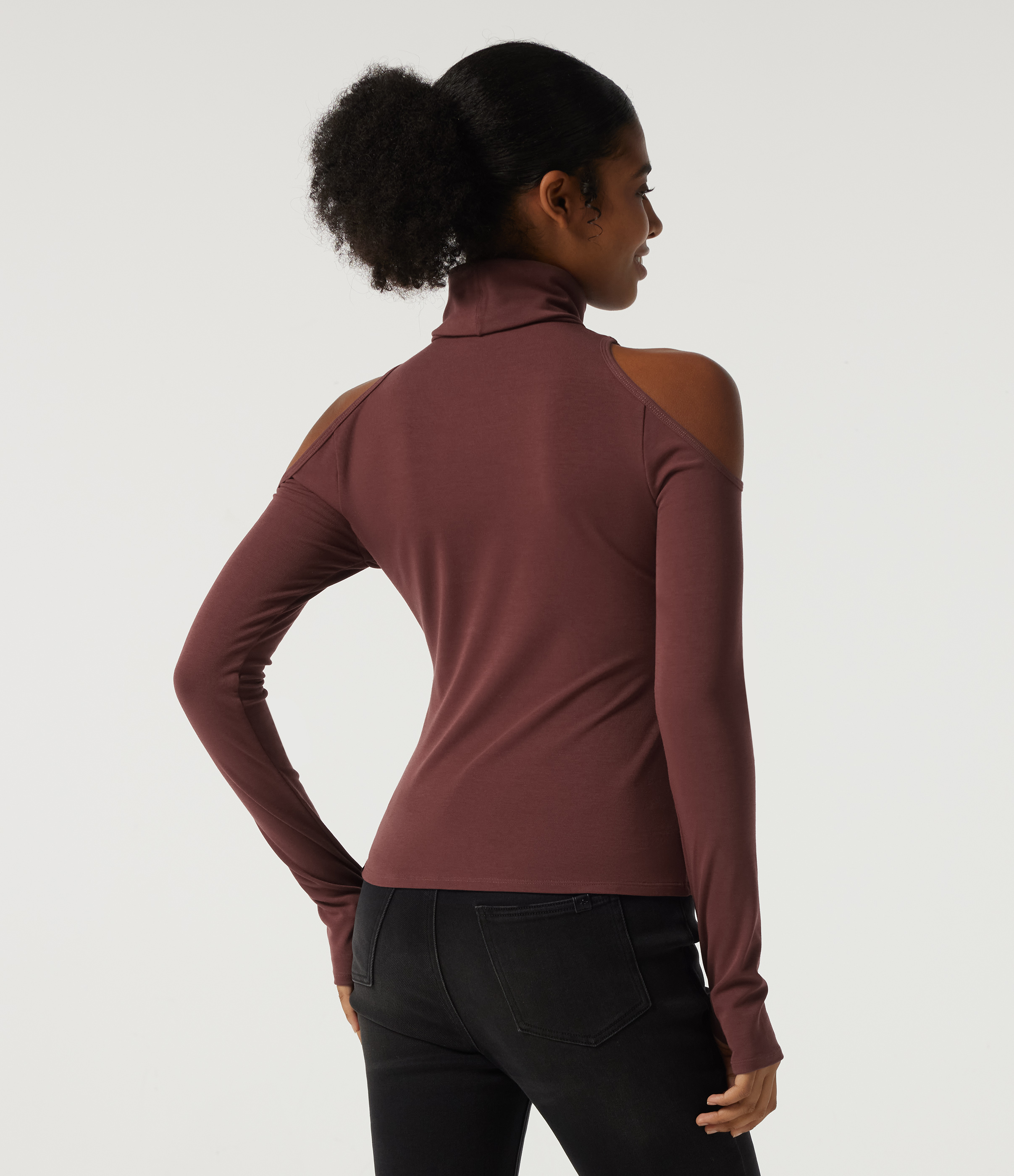 Dark Chestnut High Neck Cold Shoulder Long Sleeve Cut Out Casual Top with Thumb Holes / 2
