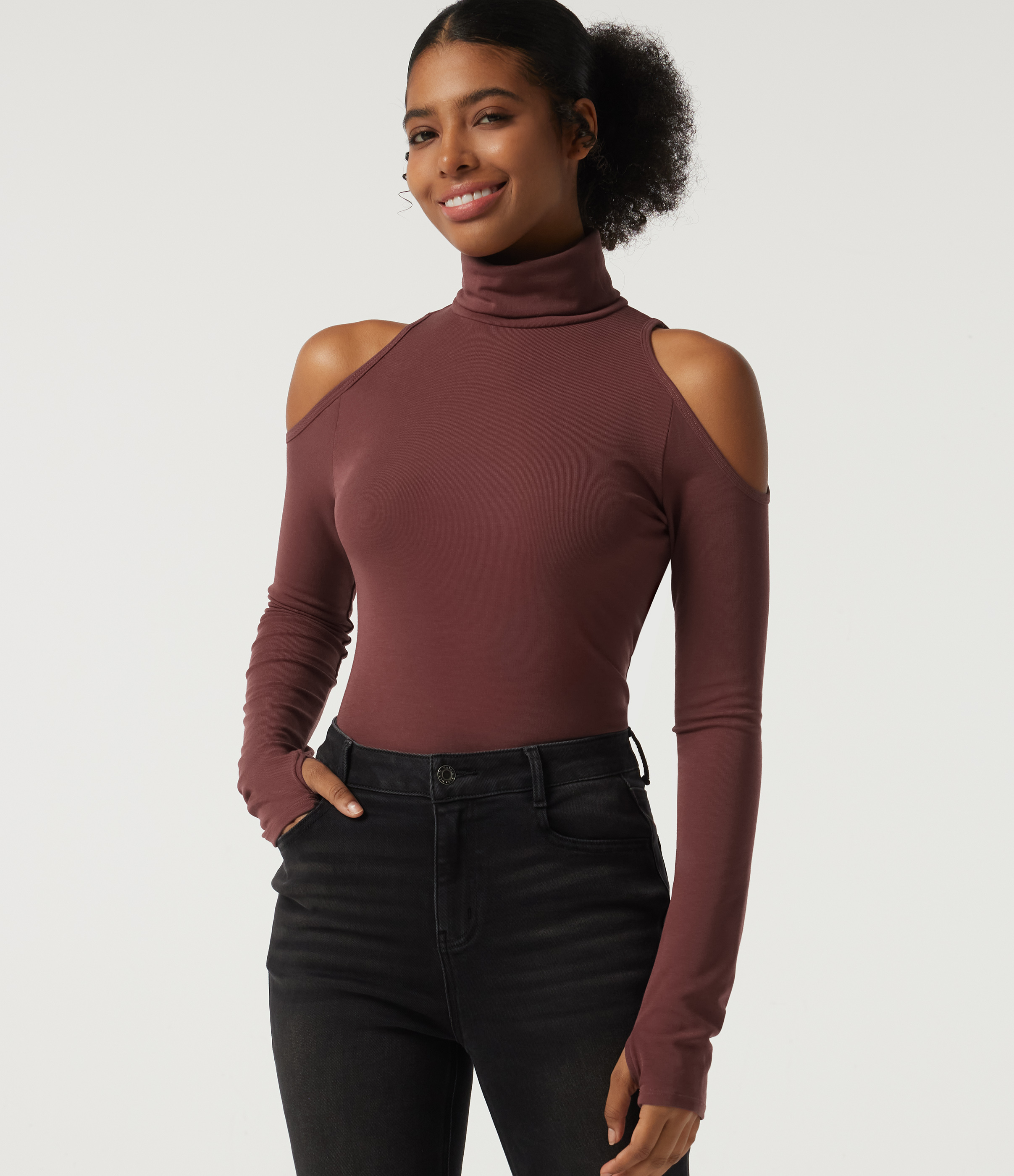 High Neck Cold Shoulder Long Sleeve Cut Out Casual Top with Thumb Holes