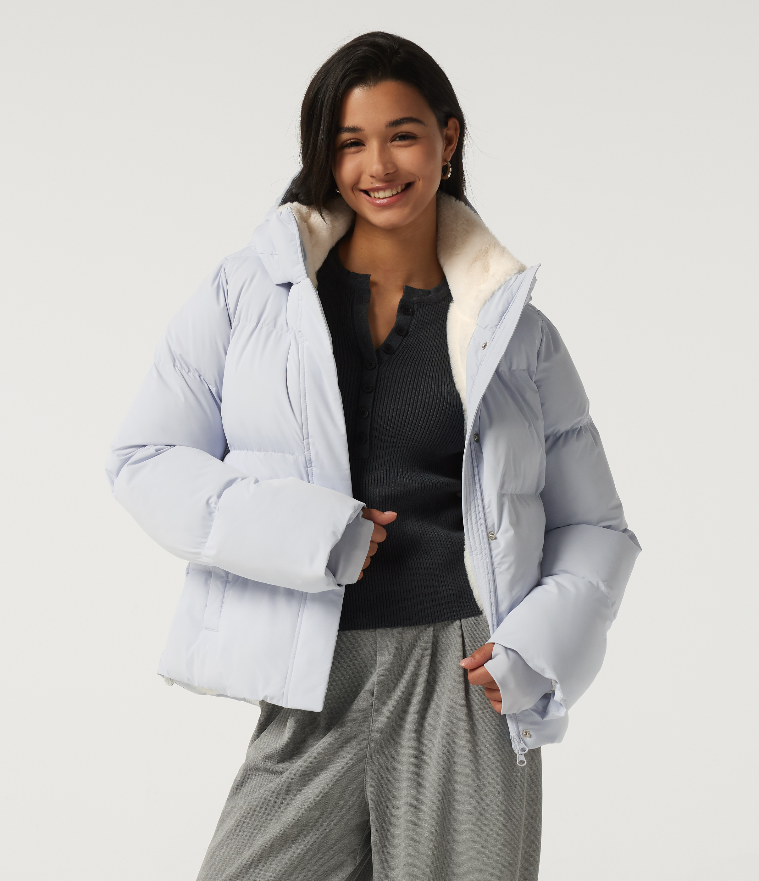 Hooded Long Sleeve Plaid Work Padded Jacket with Pockets and Thumbholes