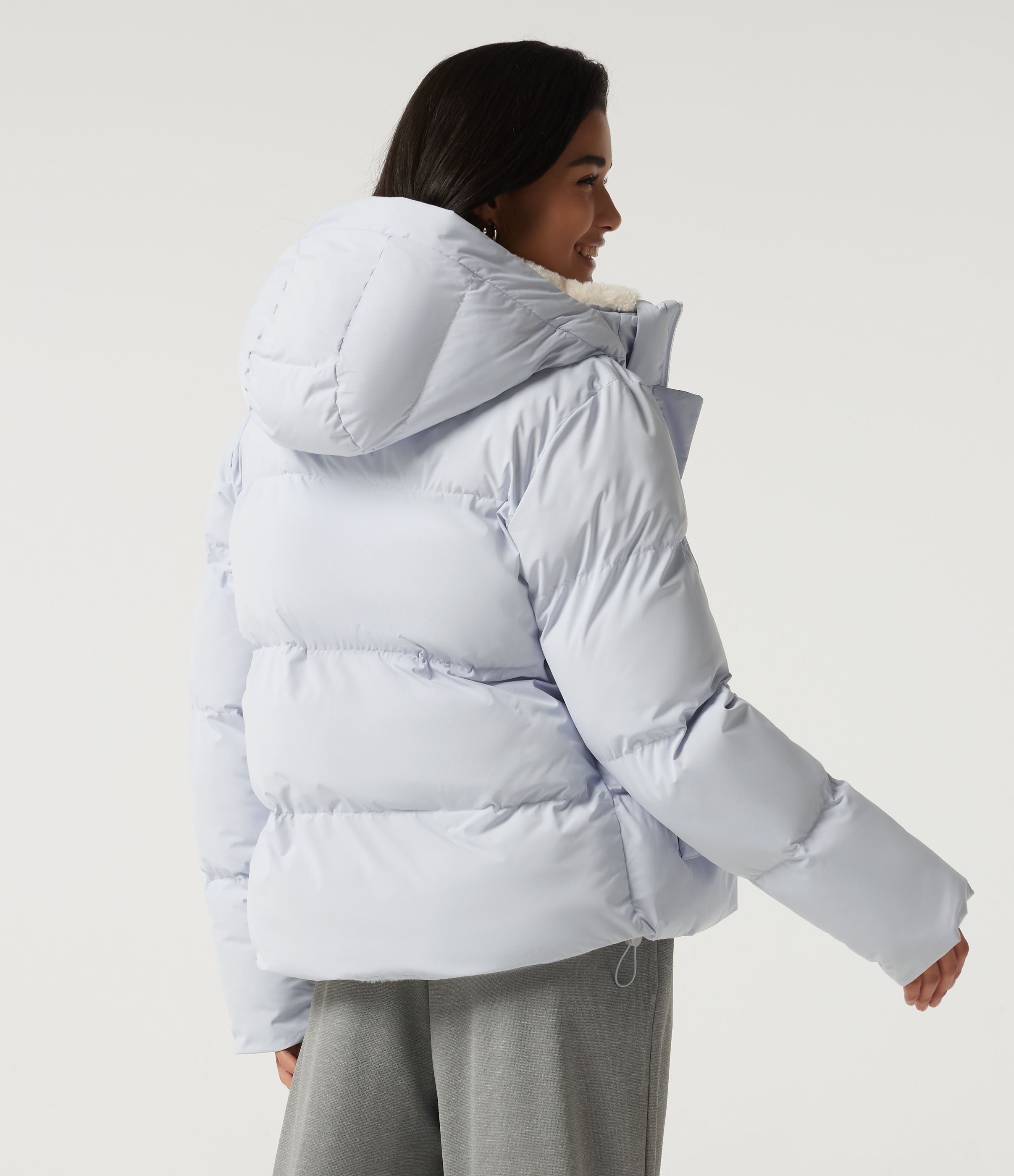 Baby Blue Hooded Long Sleeve Plaid Work Padded Jacket with Pockets and Thumbholes / 2