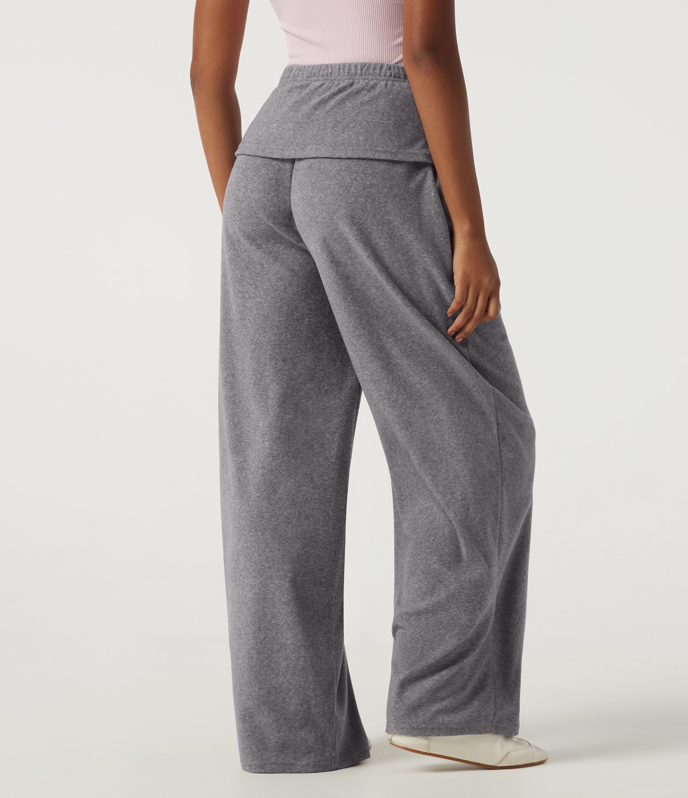 Mottled Grey High Waisted Foldover Flare Fleece Casual Pants with Pockets / 2