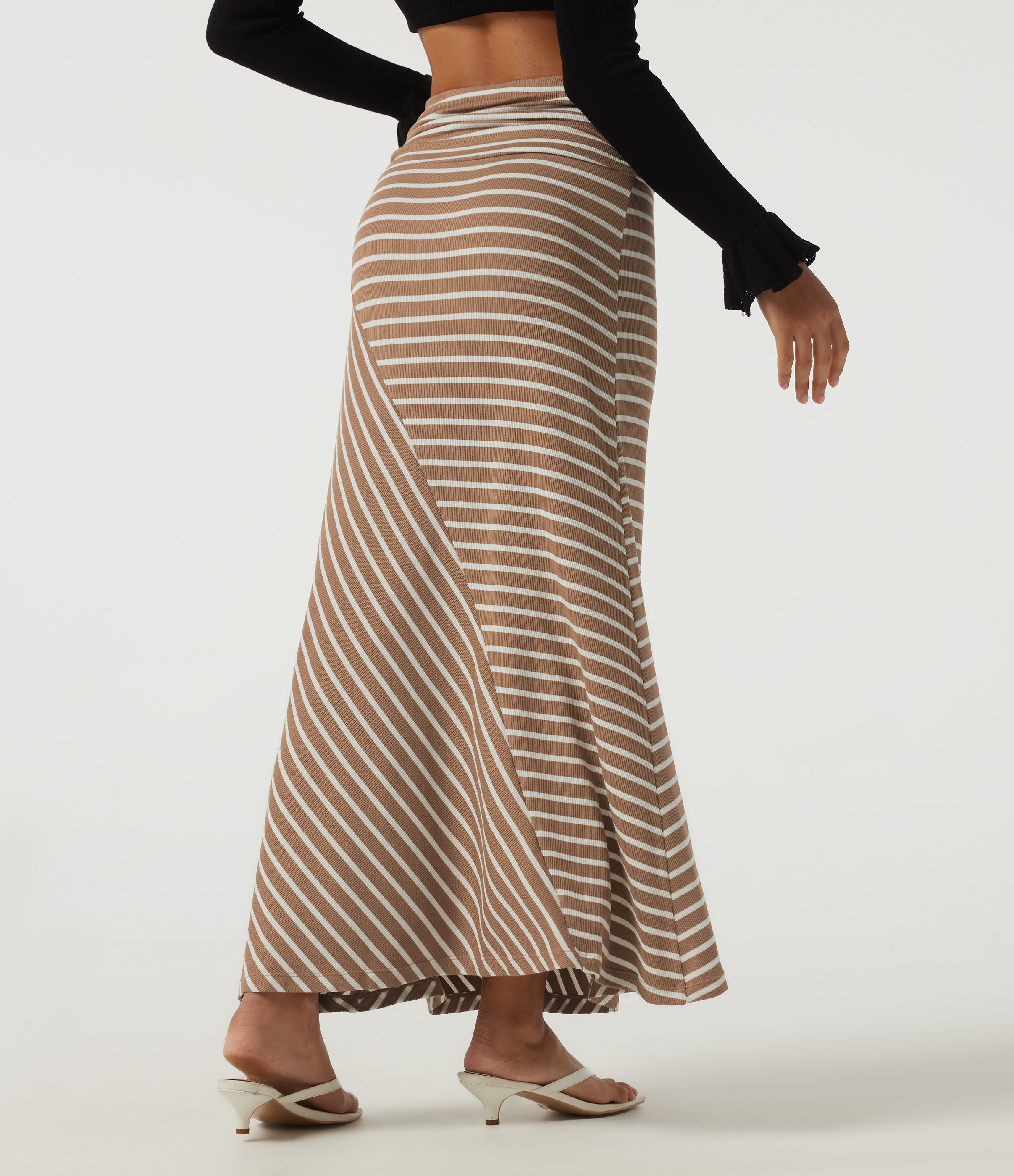 Birch Stripe Ribbed Knit Mid Rise Asymmetric Ruched Stripe Maxi Casual Mermaid Skirt / 2