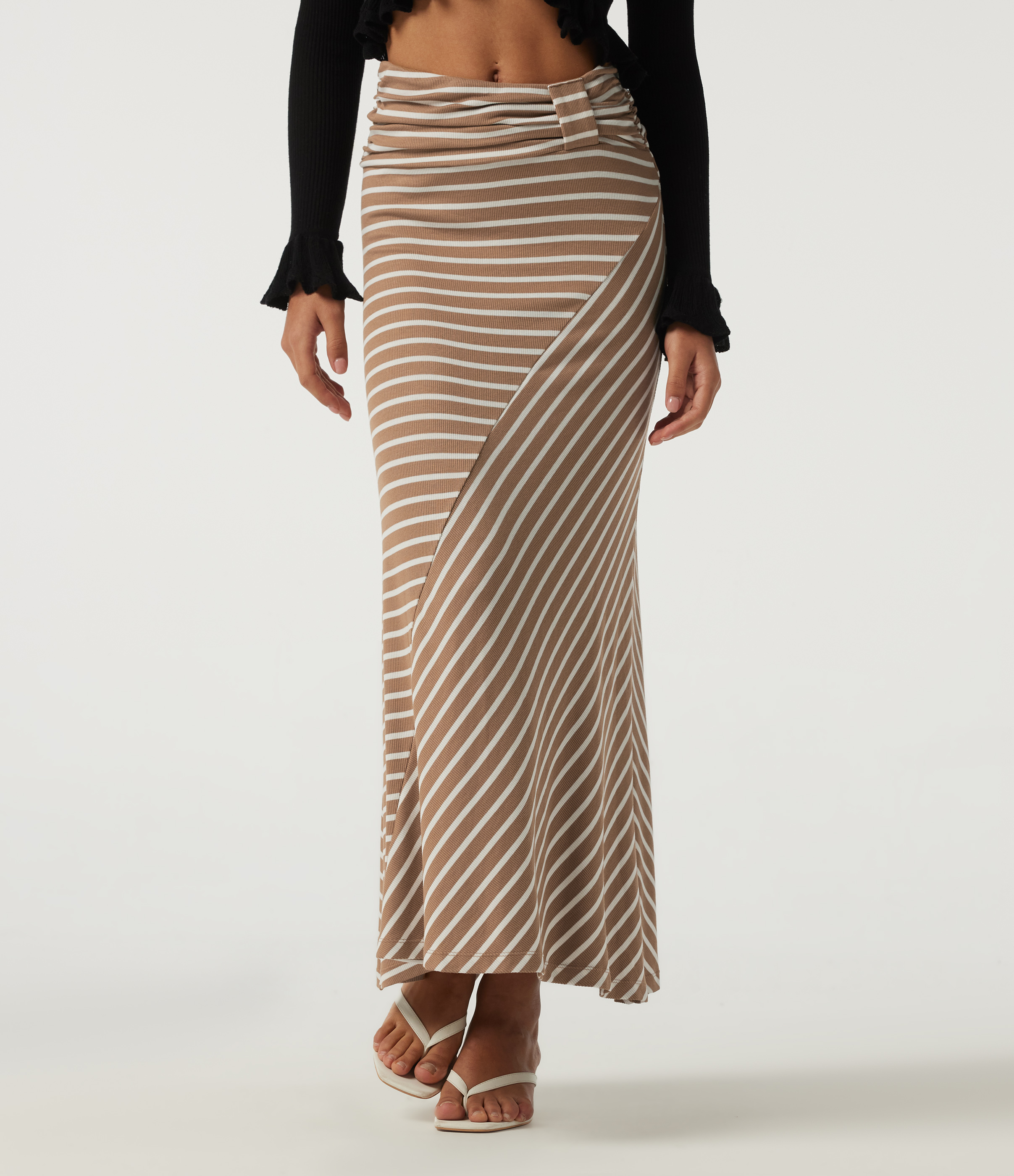 Ribbed Knit Mid Rise Asymmetric Ruched Stripe Maxi Casual Mermaid Skirt