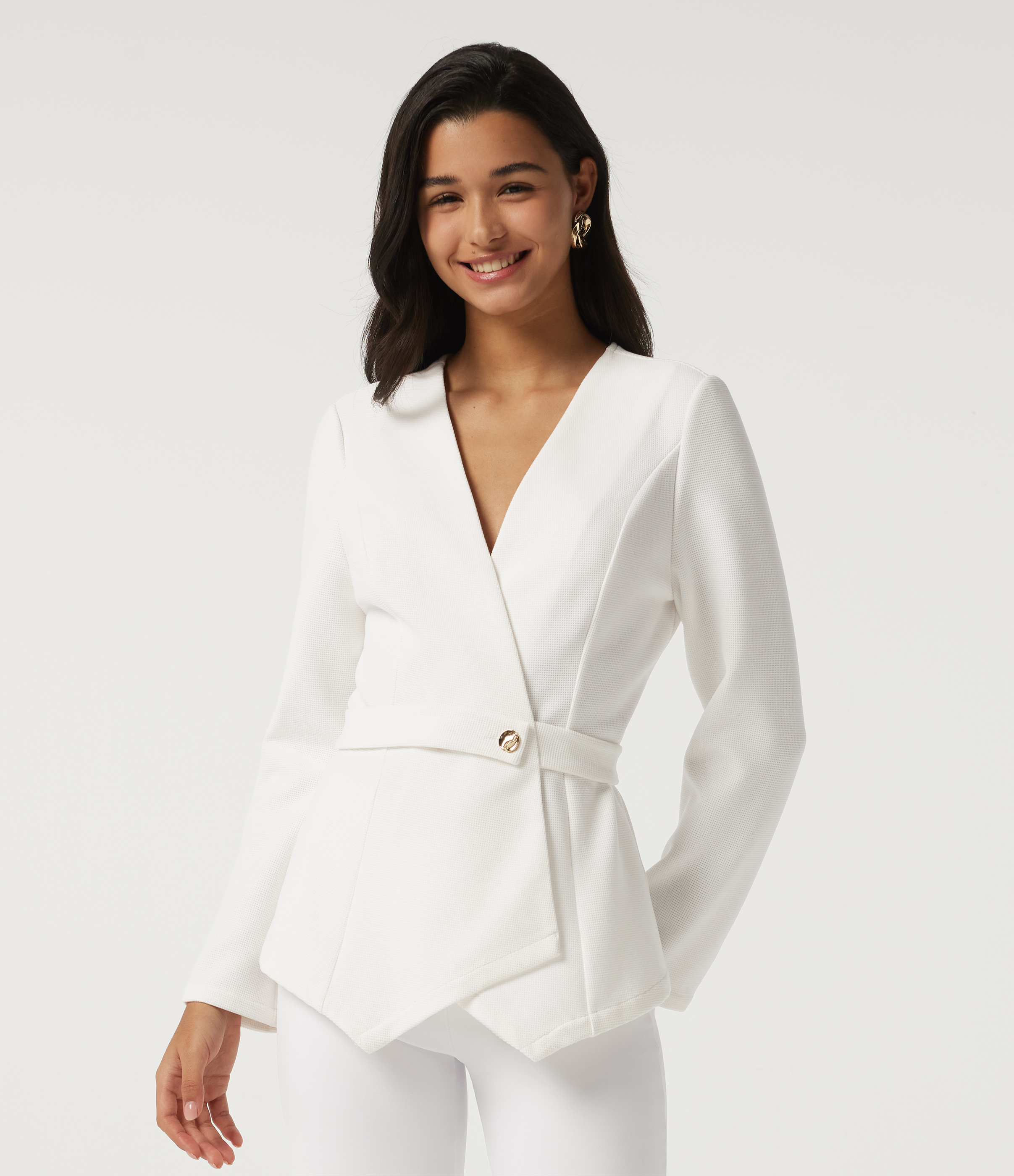 V Neck Long Sleeve Belted Waffle Casual Jacket