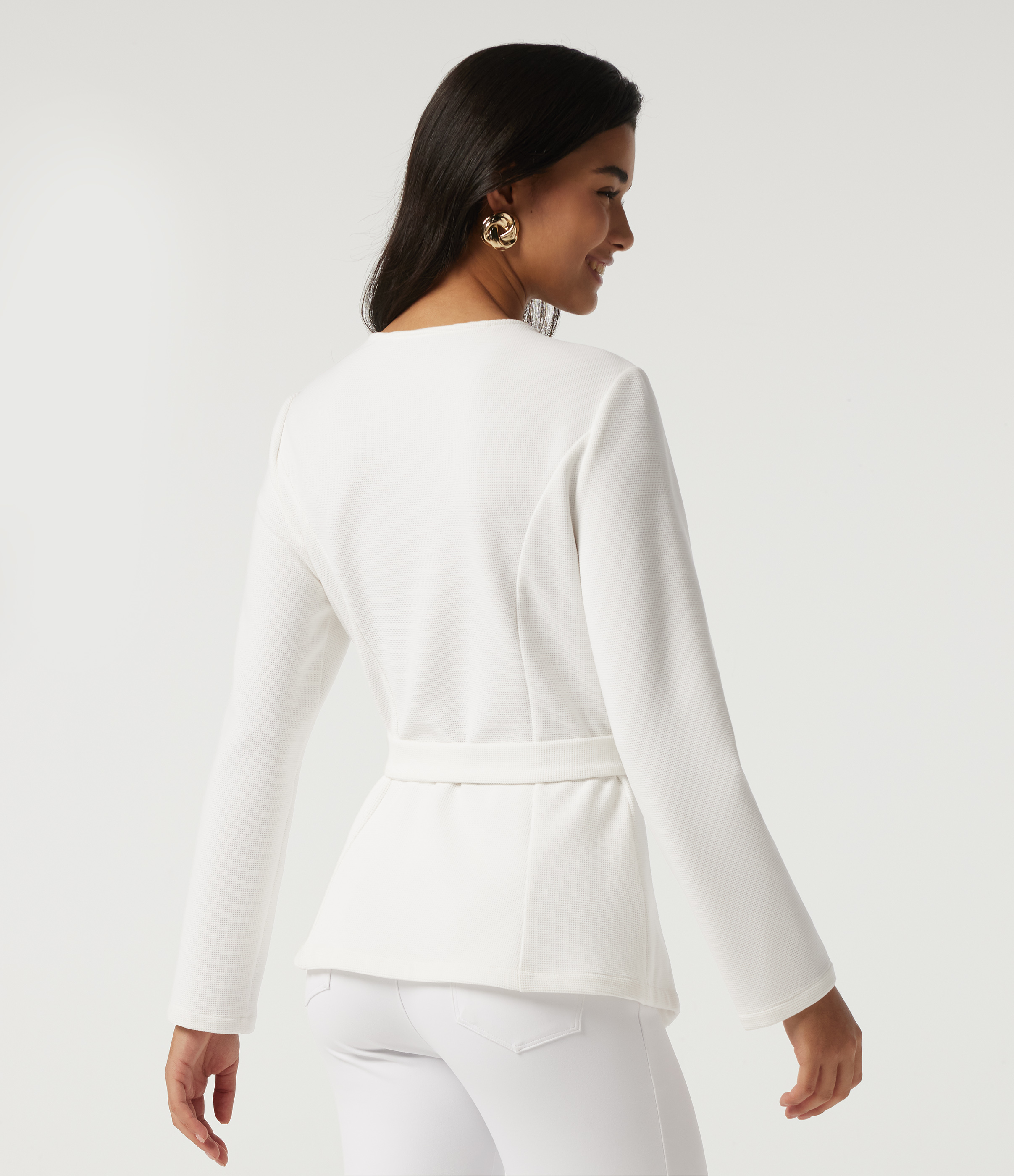 White V Neck Long Sleeve Belted Waffle Casual Jacket / 2